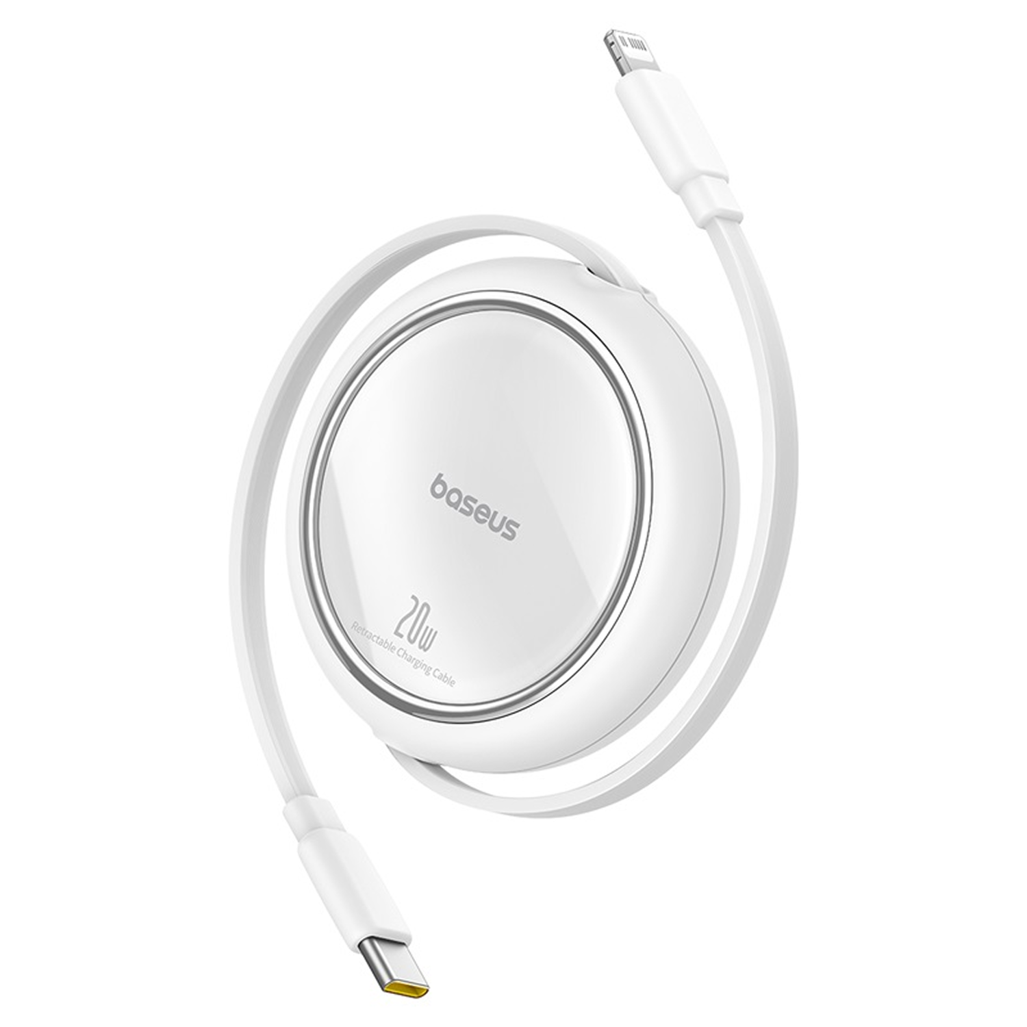 Cable de carga retráctil Baseus blanco. El cable tiene un conector Tipo-C y Lightning. El cable está enrollado alrededor de un disco blanco.