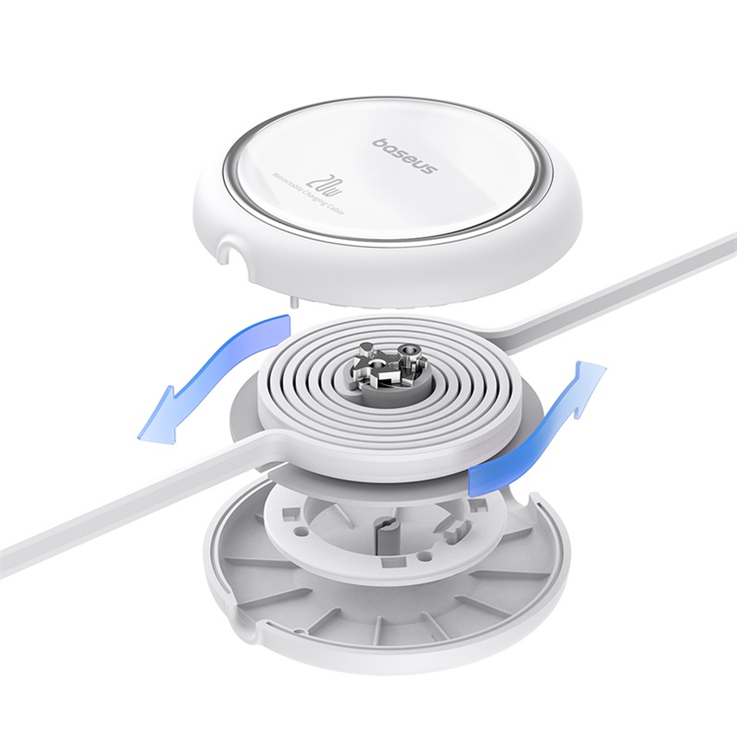 Cargador inalámbrico blanco desmontado. Componentes incluyen la parte superior, bobina y base. Flechas azules indican dirección.