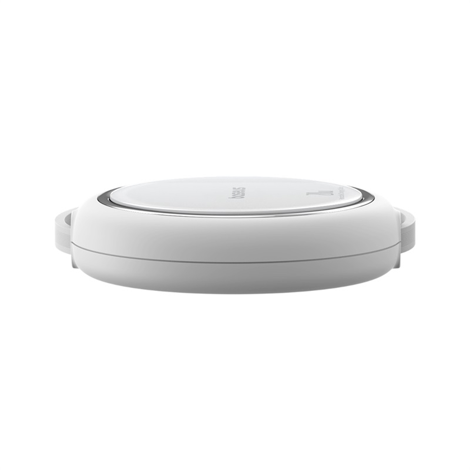 Un dispositivo blanco y circular con una parte superior plana y lados redondeados. Tiene un anillo plateado metálico y dos asas laterales.