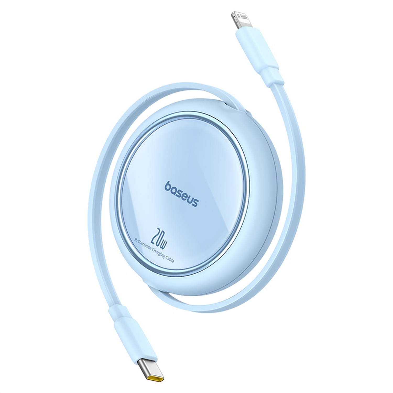 Un cable de carga retráctil Baseus de 20W azul claro. Tiene un cuerpo circular y dos extremos de cable: USB-C y Lightning.