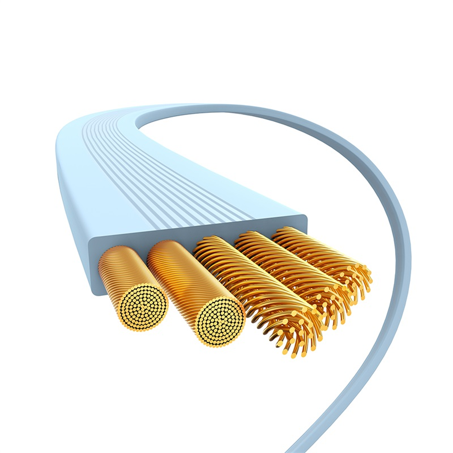 Anatomía de un cable. Trayectoria azul claro con hebras doradas. Los extremos muestran estructuras internas intrincadas.