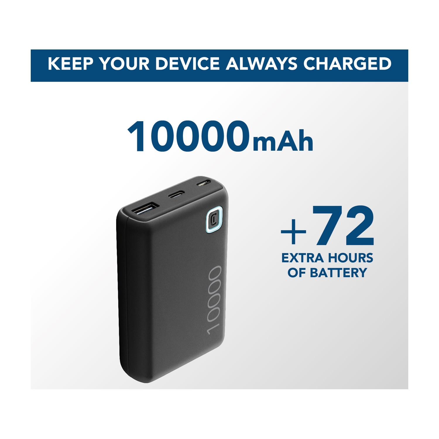 Power bank nero con capacità di 10000mAh. Il testo dice 'Tieni sempre carico il tuo dispositivo' e '+72 ore di batteria extra'.