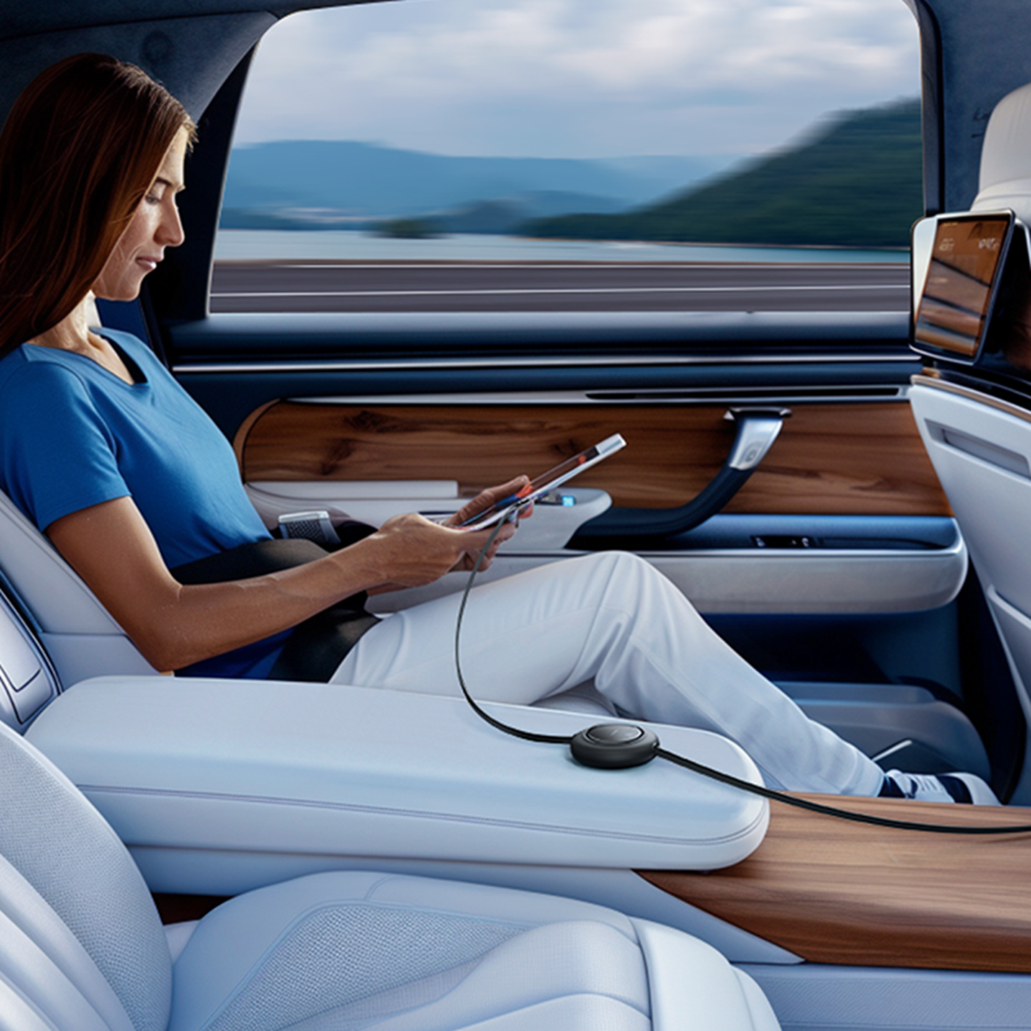Mujer en coche usa tableta. Camisa azul, pantalones blancos. Vista panorámica. Cable negro conectado al dispositivo.