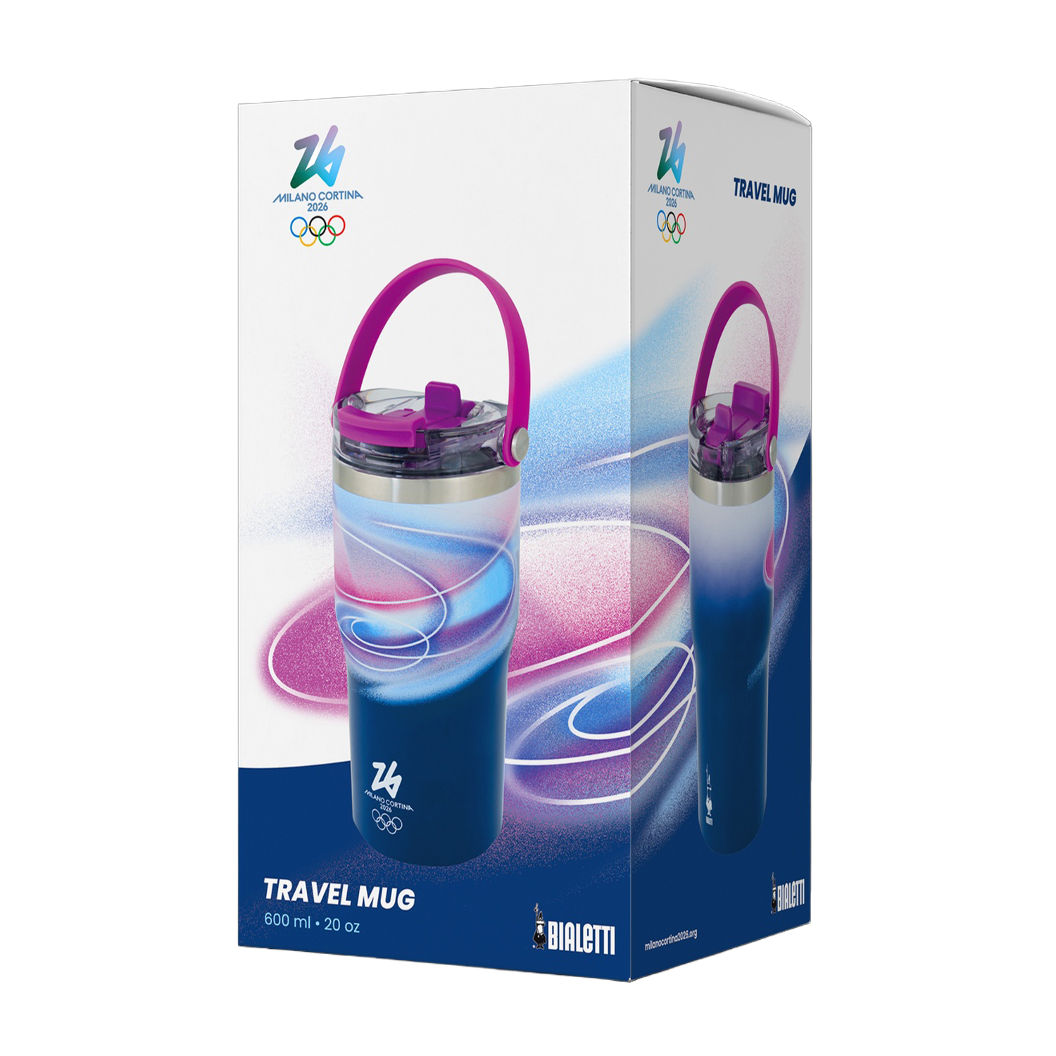 Un bicchiere da viaggio in una scatola. È bianco con vortici blu e rosa. La tazza e la scatola hanno il logo Milano Cortina 2026.