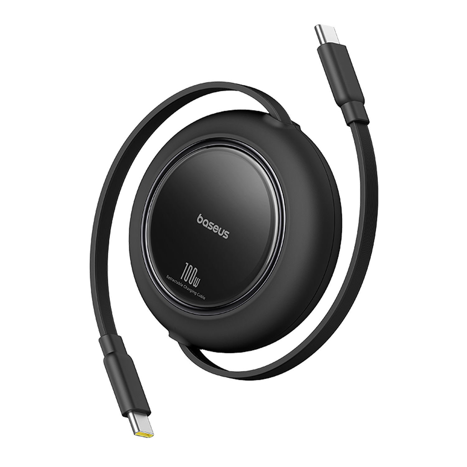 Cable de carga retráctil Baseus 100W negro. Cuenta con un cuerpo redondo negro con el nombre de la marca e información del cable.