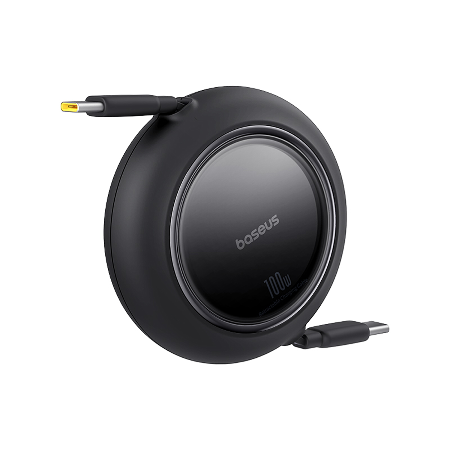Cable de carga retráctil Baseus 100W negro. Tiene un diseño redondeado con dos conectores USB-C que se extienden desde él.