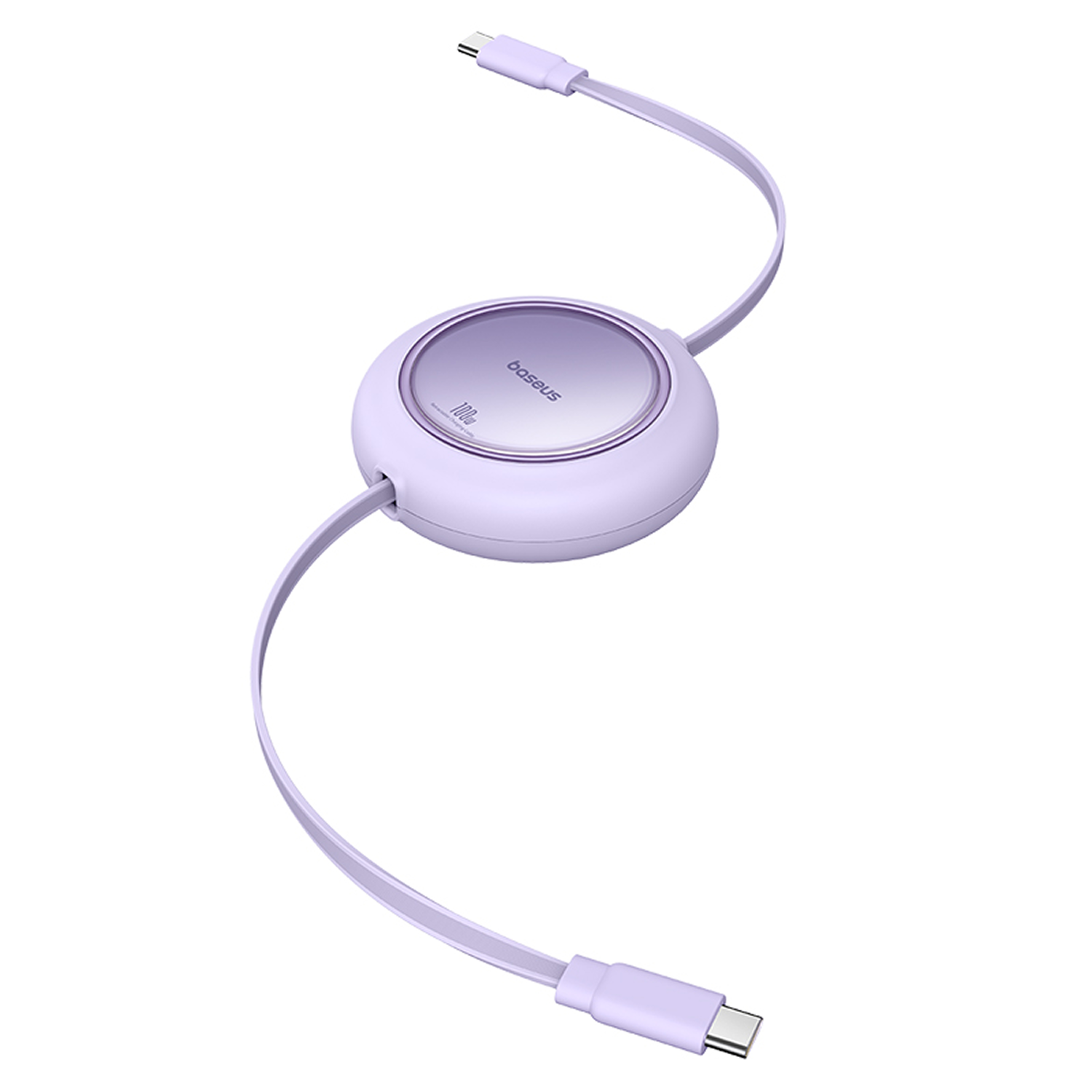 Un cable de carga retráctil Baseus morado con conectores USB-C en ambos extremos. El centro es circular y tiene el nombre de la marca.