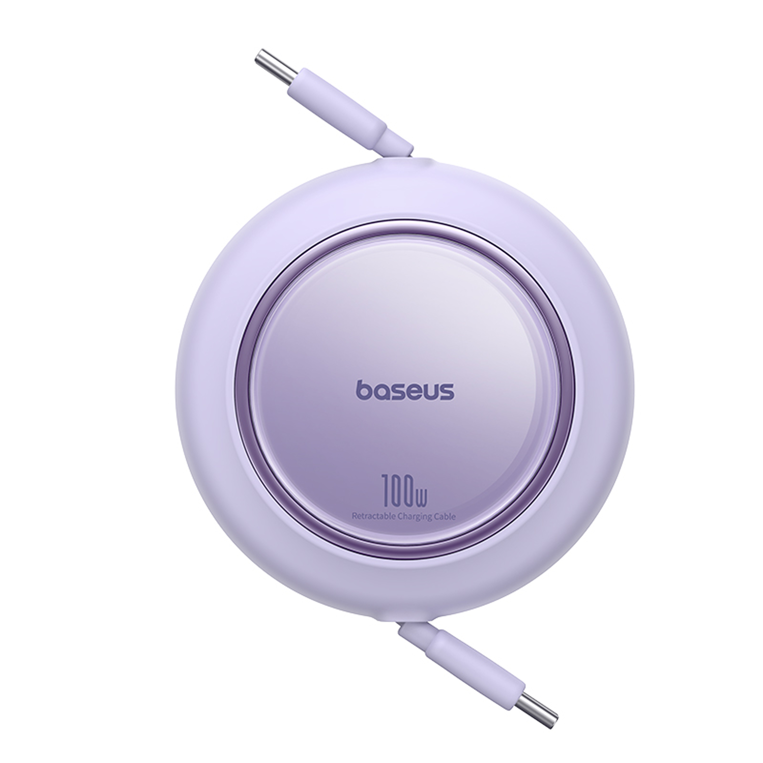 Un cable de carga retráctil Baseus de 100 W de color púrpura. El cable es circular con dos enchufes que se extienden desde él.
