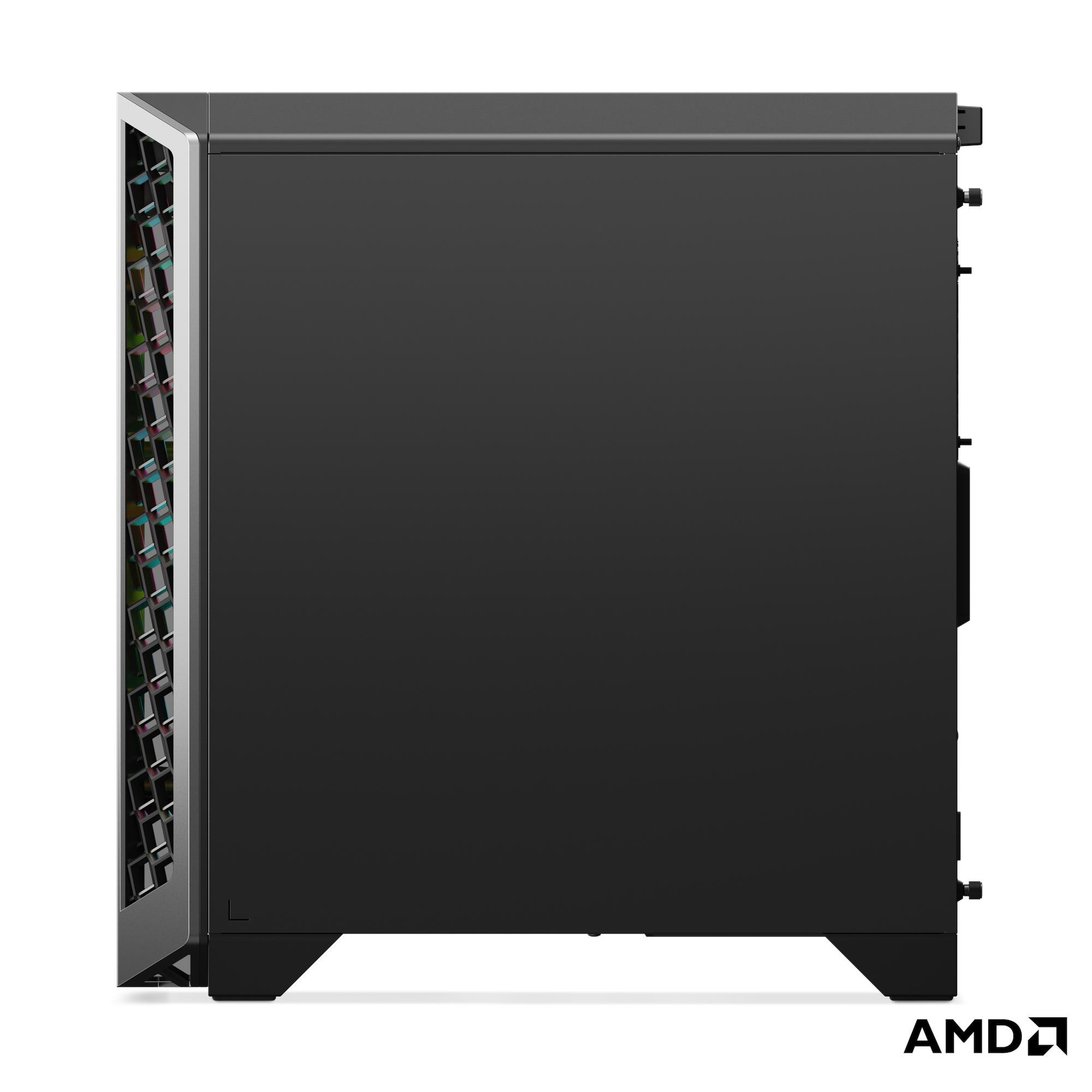 Seitenansicht eines schwarzen Computergehäuses. Es hat eine Mesh-Front, eine solide Seite und das AMD-Logo.