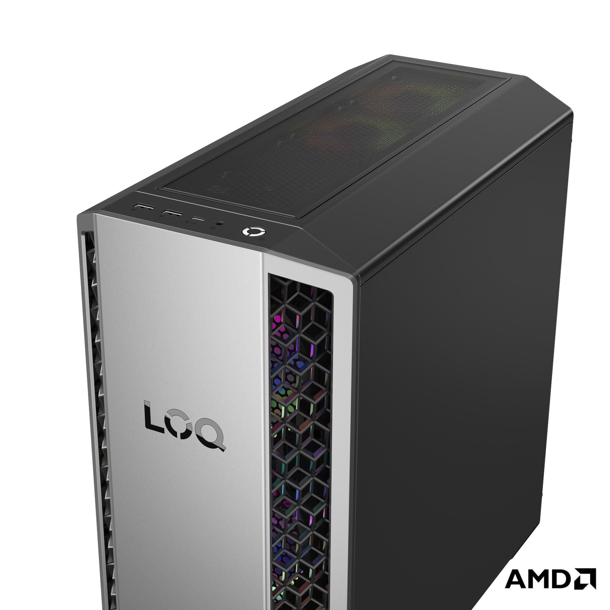 Ein PC-Gehäuse mit silberner Front, schwarzer Ober- und Seitenfläche sowie einem Wabendesign mit bunten Lichtern.