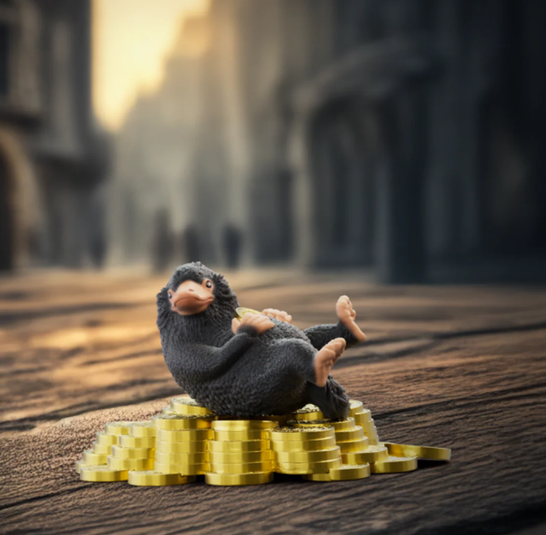 Eine dunkle Niffler-Figur liegt auf Goldmünzen und hält eine. Im Hintergrund eine verschwommene Kopfsteinpflasterstraße.
