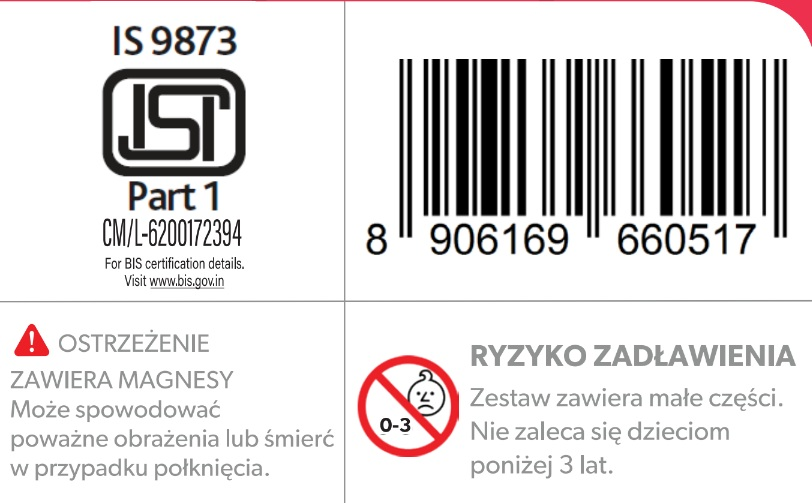 Obrazek pokazuje etykietę produktu z kodem kreskowym, ostrzeżeniami dotyczącymi bezpieczeństwa i znakiem certyfikacji. Ostrzega przed niebezpieczeństwem uduszenia i magnesami.