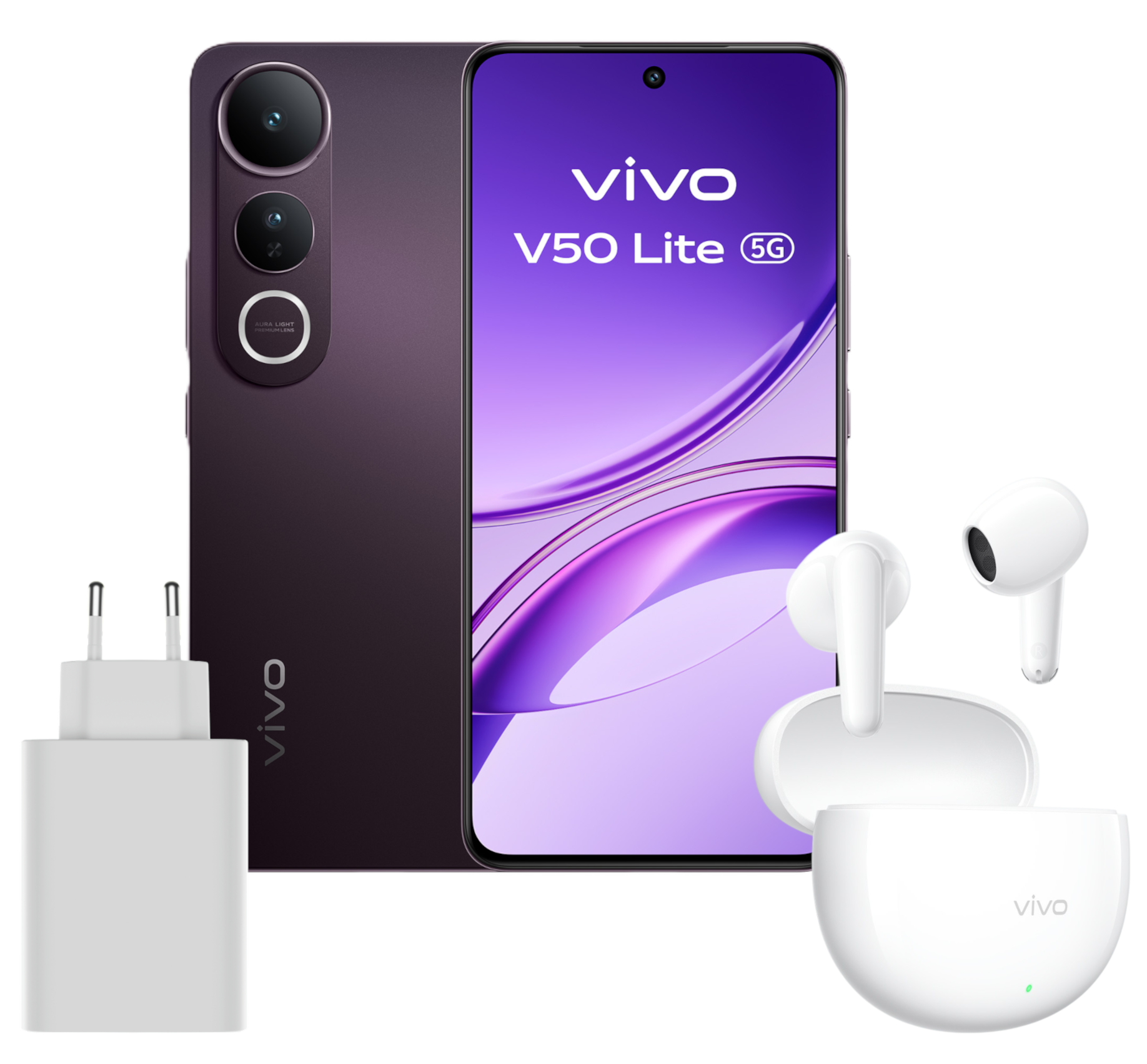 Ein Vivo V50 Lite 5G-Telefon, ein Ladegerät und weiße Ohrhörer. Das Telefon ist lila mit einer Dreifachkamera.