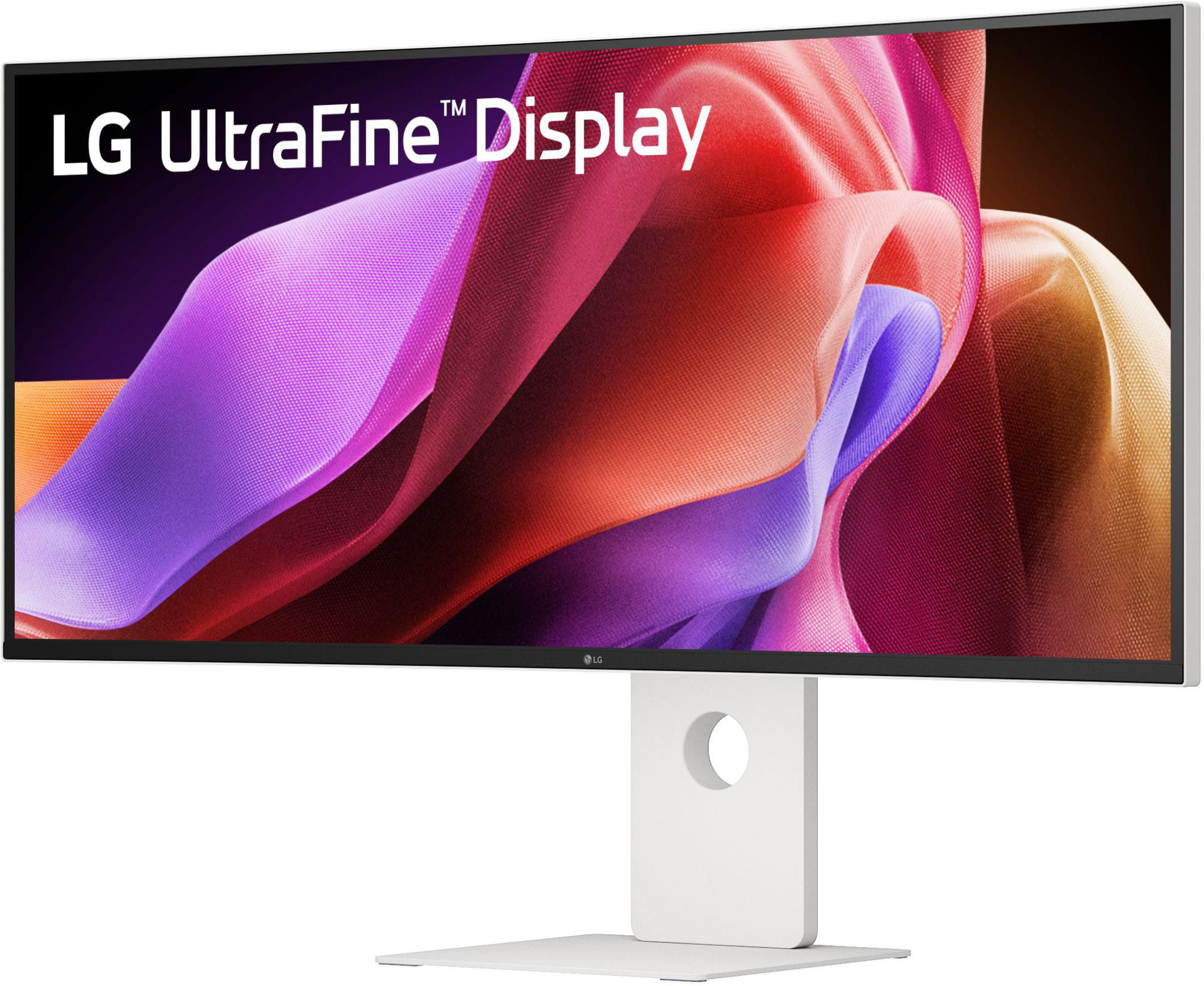 Ein LG UltraFine-Display. Der Bildschirm zeigt bunte, abstrakte Formen. Der Ständer ist weiß.