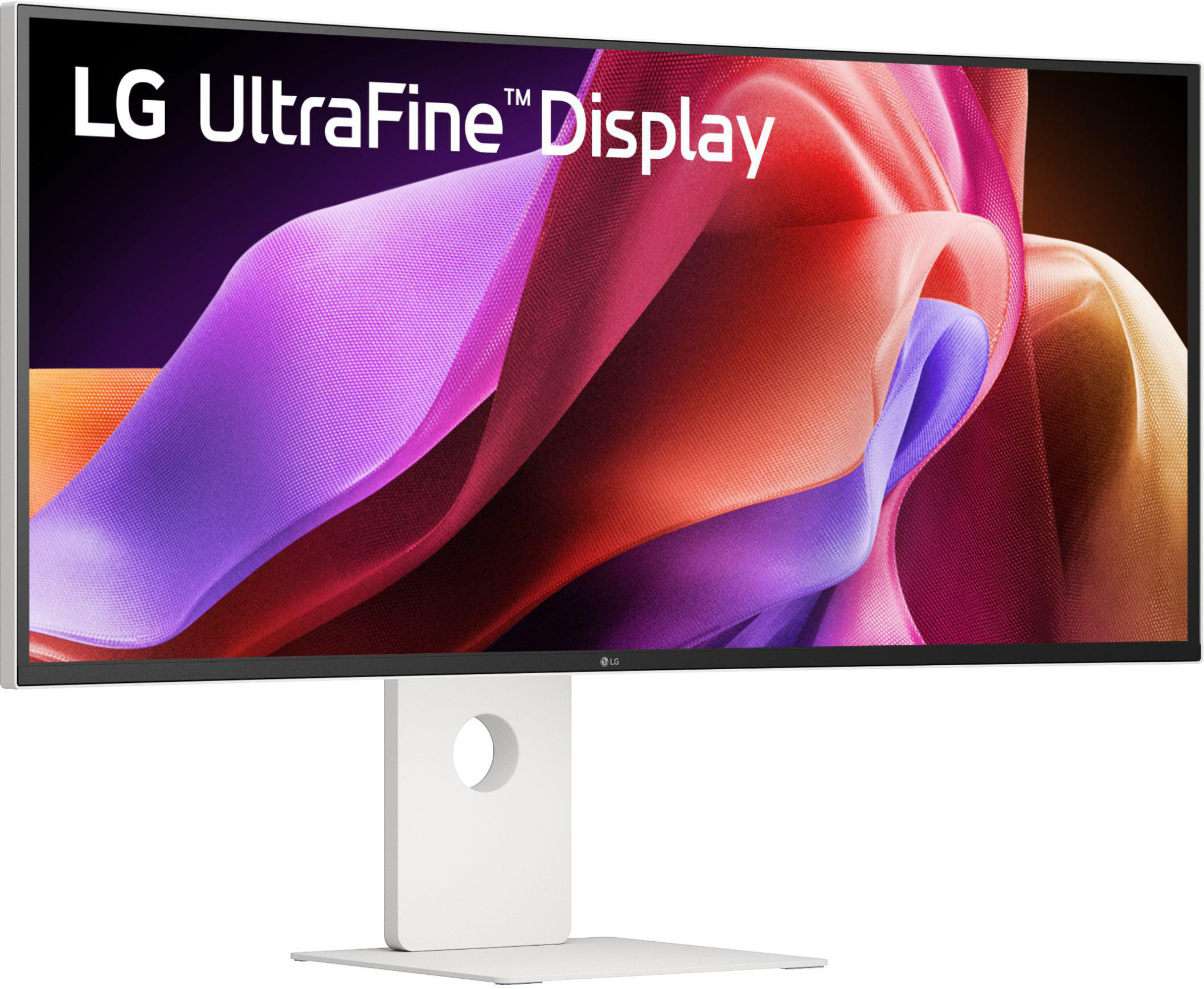 LG UltraFine-Curved-Display. Das Display zeigt abstrakte, farbenfrohe Formen. Weißer Ständer trägt den Bildschirm.