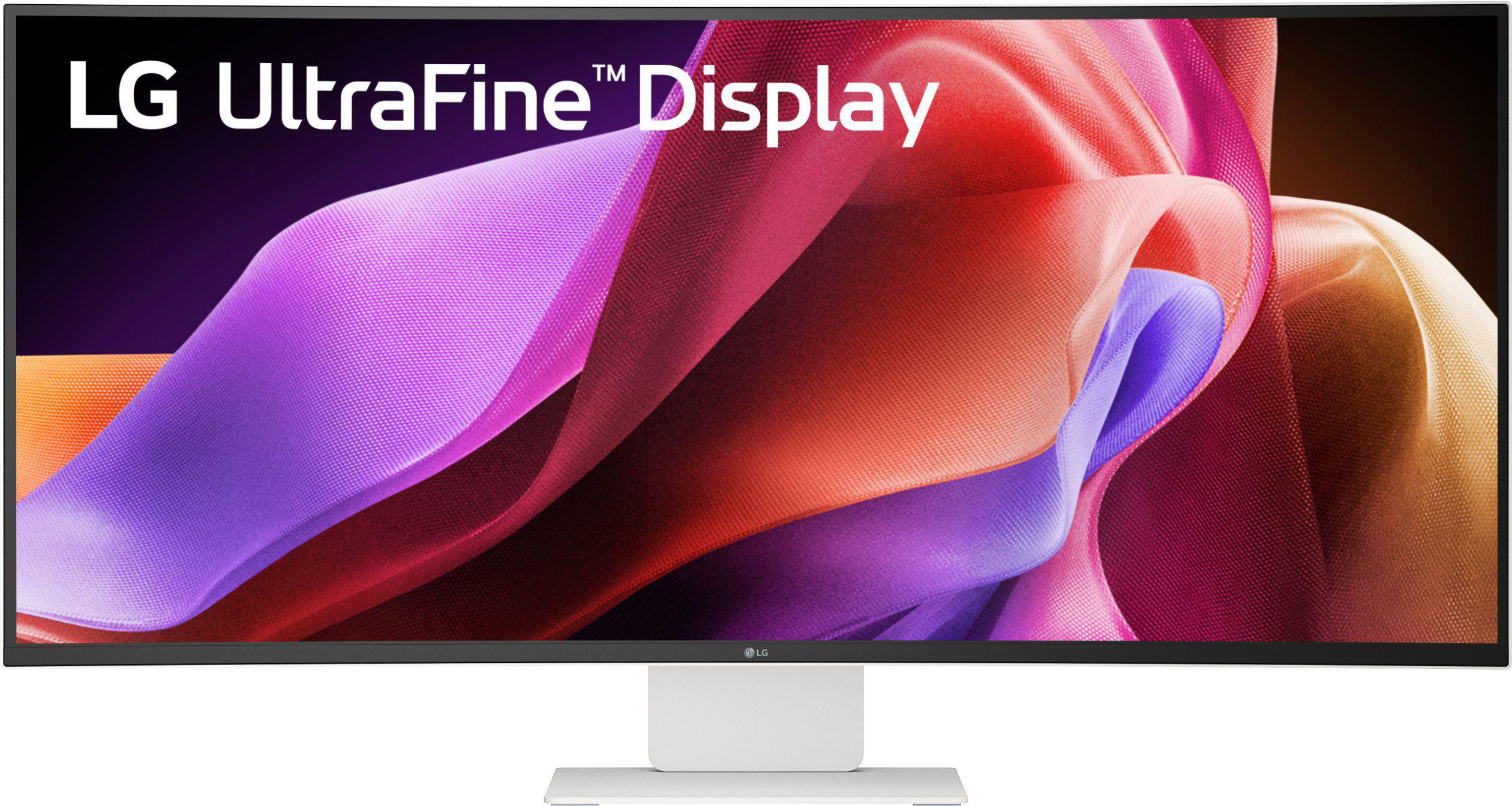 LG UltraFine Display. Ein geschwungener Monitor mit einem farbenfrohen, abstrakten Hintergrund aus rotem, lila und orangefarbenem Stoff.