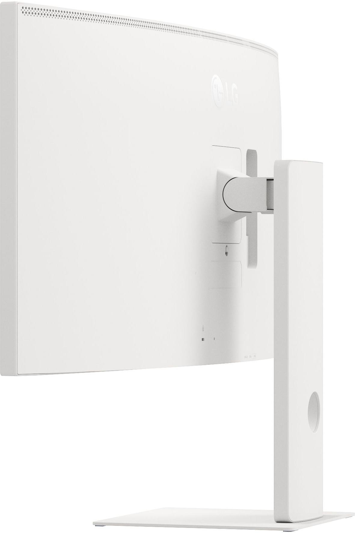 Ein weißer Computermonitor von hinten, der den Ständer und die Anschlüsse zeigt. Das Markenlogo ist sichtbar.