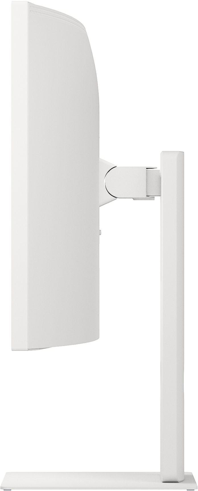Ein weißer Computermonitor wird von der Seite gezeigt. Der Monitor ist gebogen und wird von einem Ständer getragen. Alle Teile sind weiß.