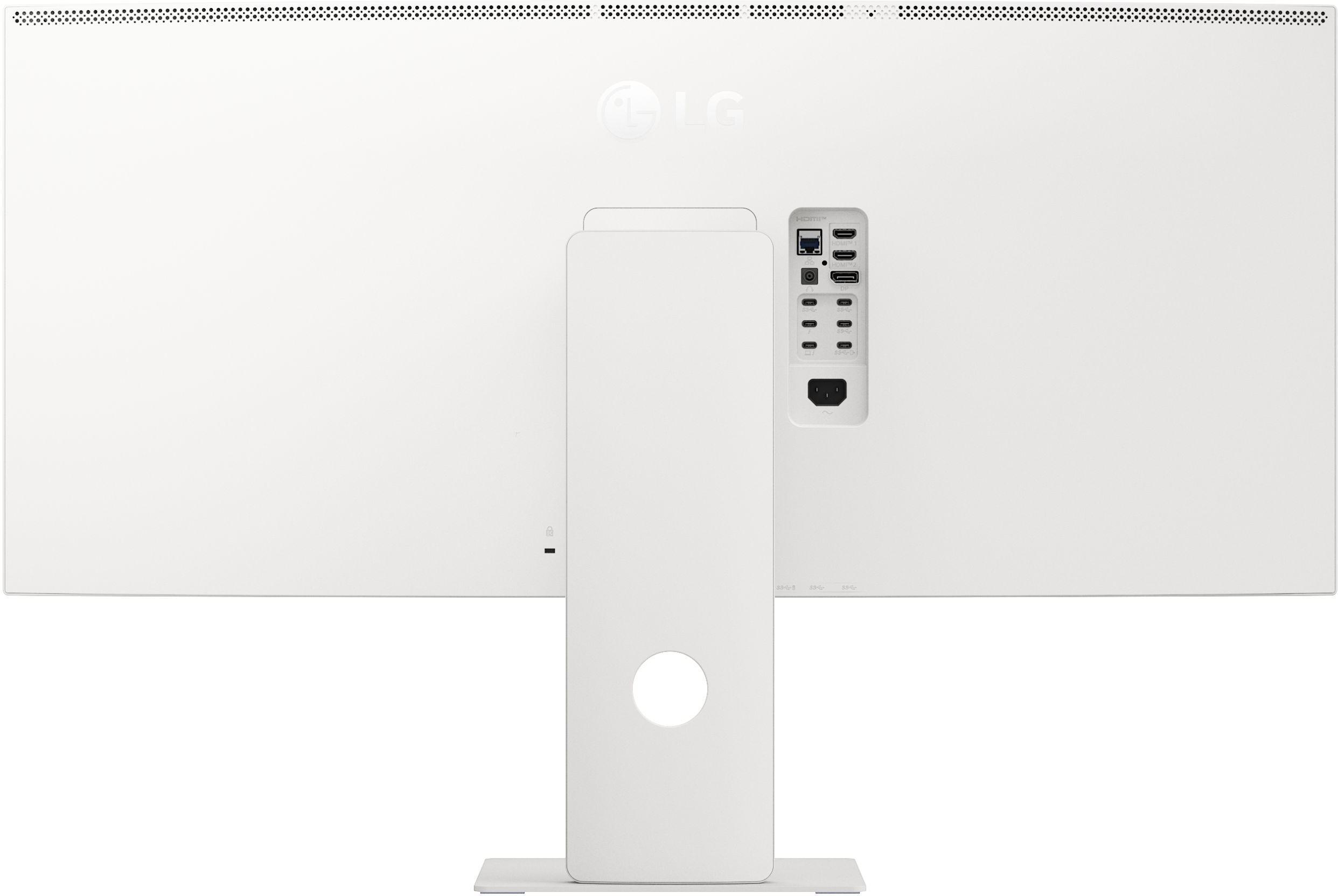 Rückseite des weißen LG-Monitors mit Anschlüssen und Ständer. Anschlüsse: HDMI, DP, USB-C. Der Ständer hat einen kreisförmigen Ausschnitt.