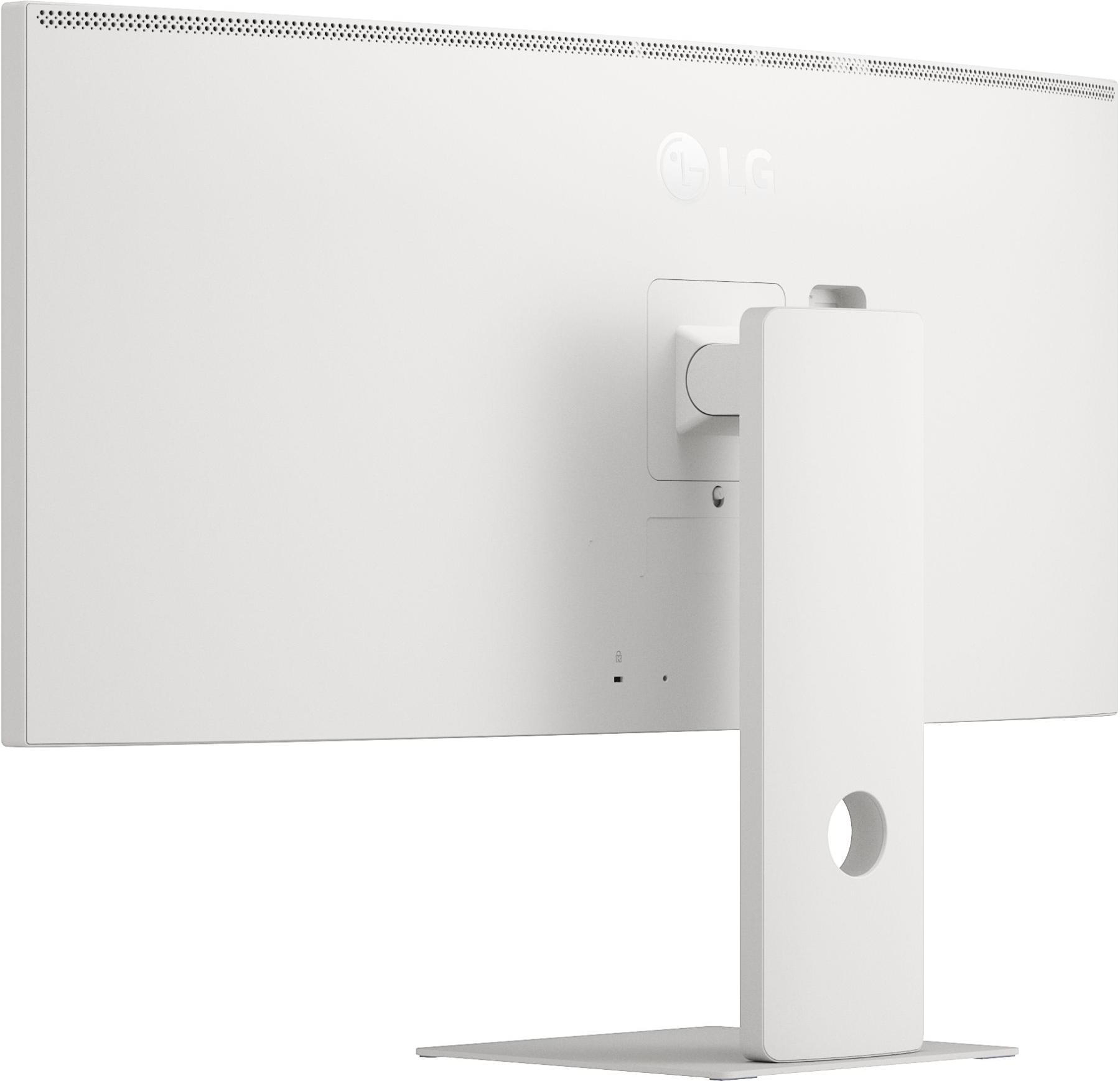 Weißer LG-Computermonitor, Rückansicht, mit Ständer. Der Monitor hat ein Logo und ein paar Anschlüsse.