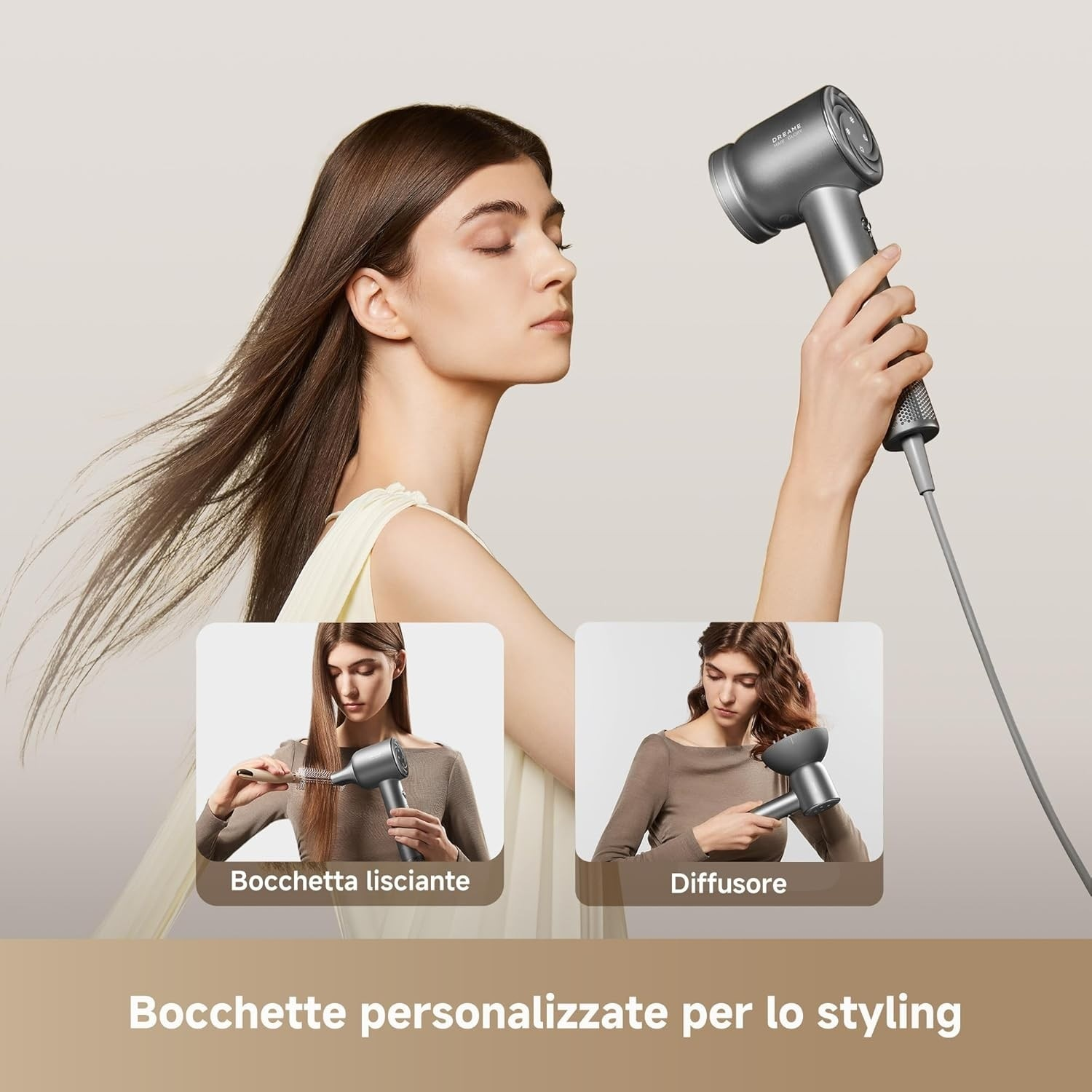 Donna con gli occhi chiusi che tiene in mano un asciugacapelli argentato. Due immagini mostrano strumenti per lo styling dei capelli. Testo: ugelli di styling personalizzati.