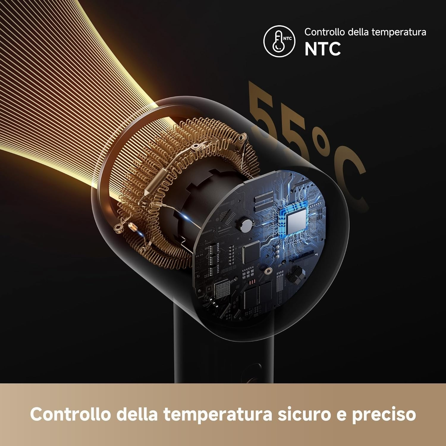 L'immagine mostra i componenti interni di un asciugacapelli, evidenziando il controllo della temperatura con circuiti e bobine riscaldanti. La temperatura è 55°C.