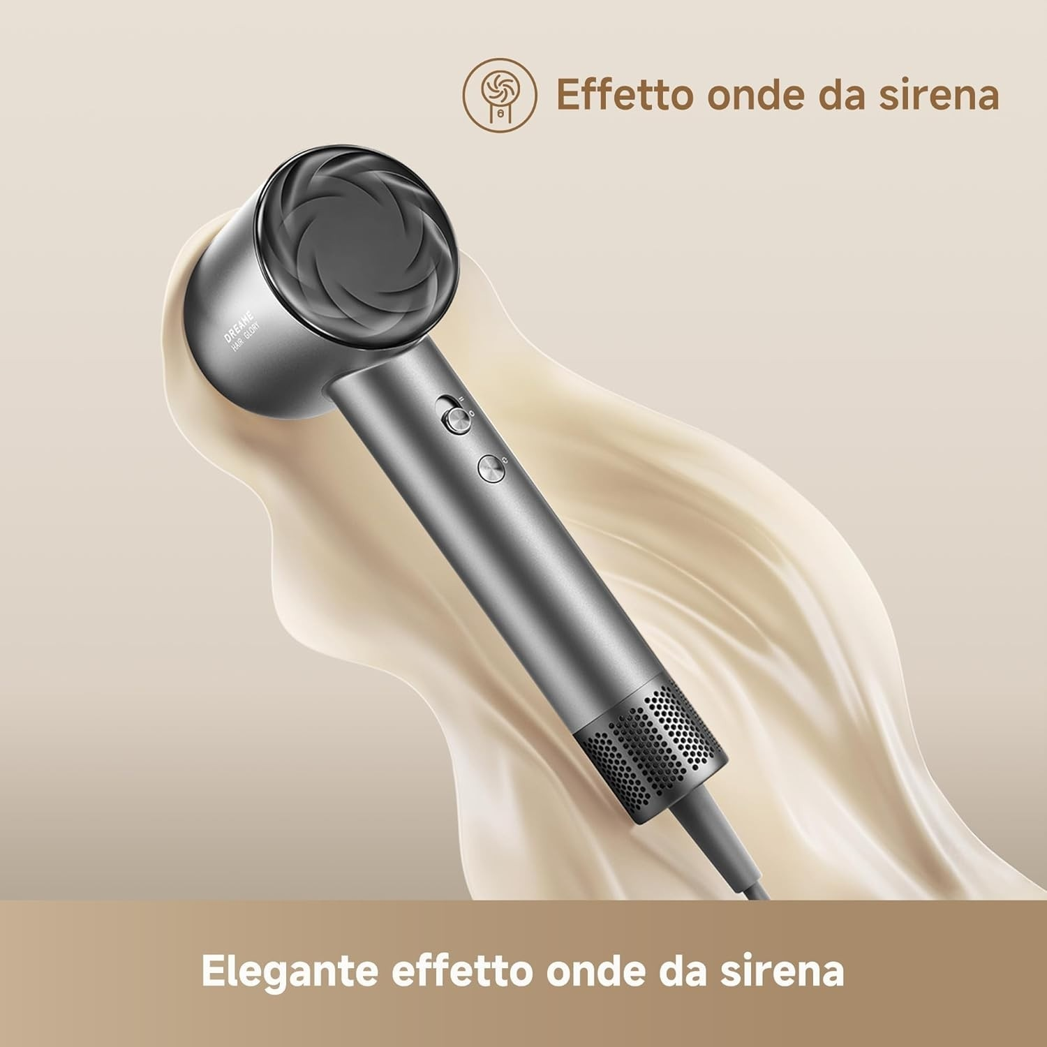 Un asciugacapelli argentato su sfondo crema, con testo in italiano: "Effetto onde da sirena" e "Elegante effetto onde da sirena".