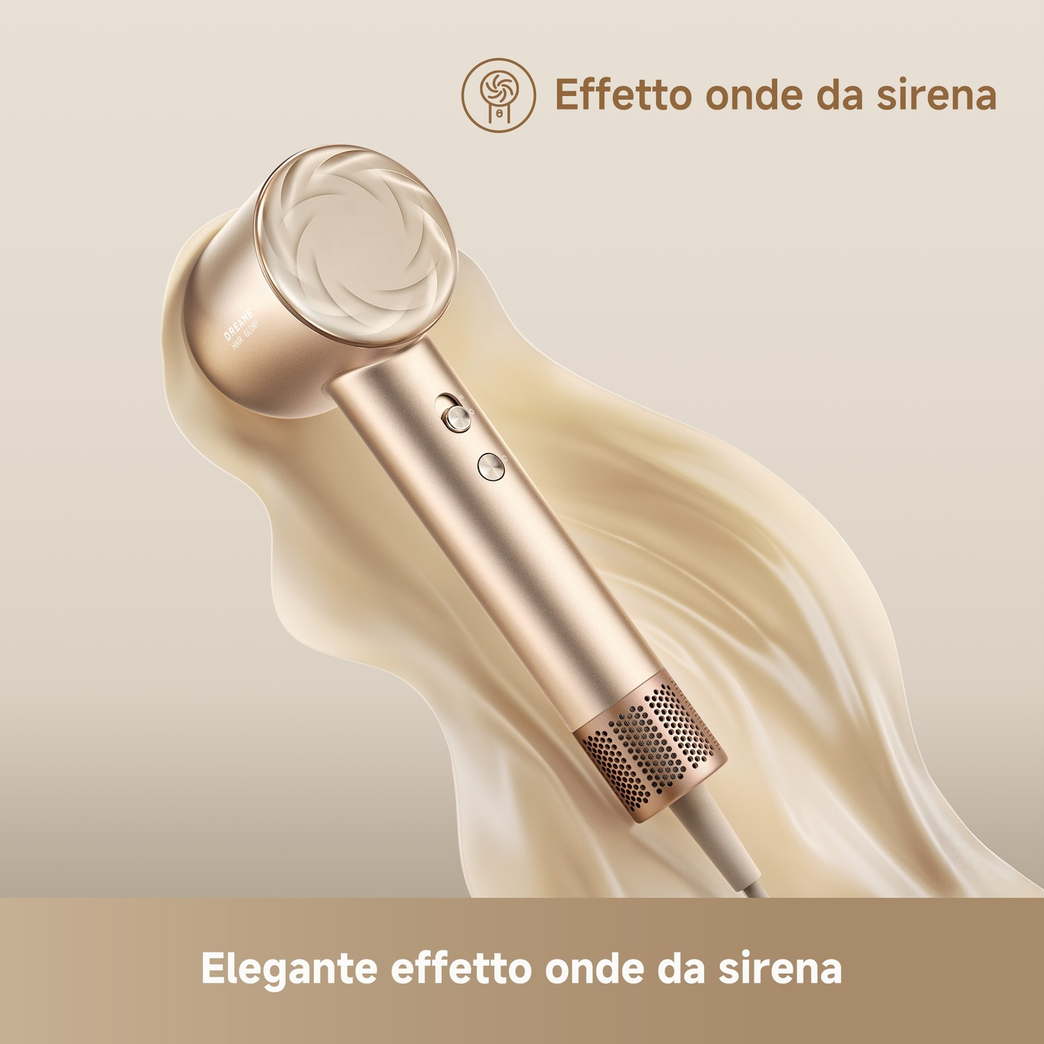Un asciugacapelli dorato con un design a spirale, su sfondo cremoso. Testo: 'Effetto onde da sirena'.