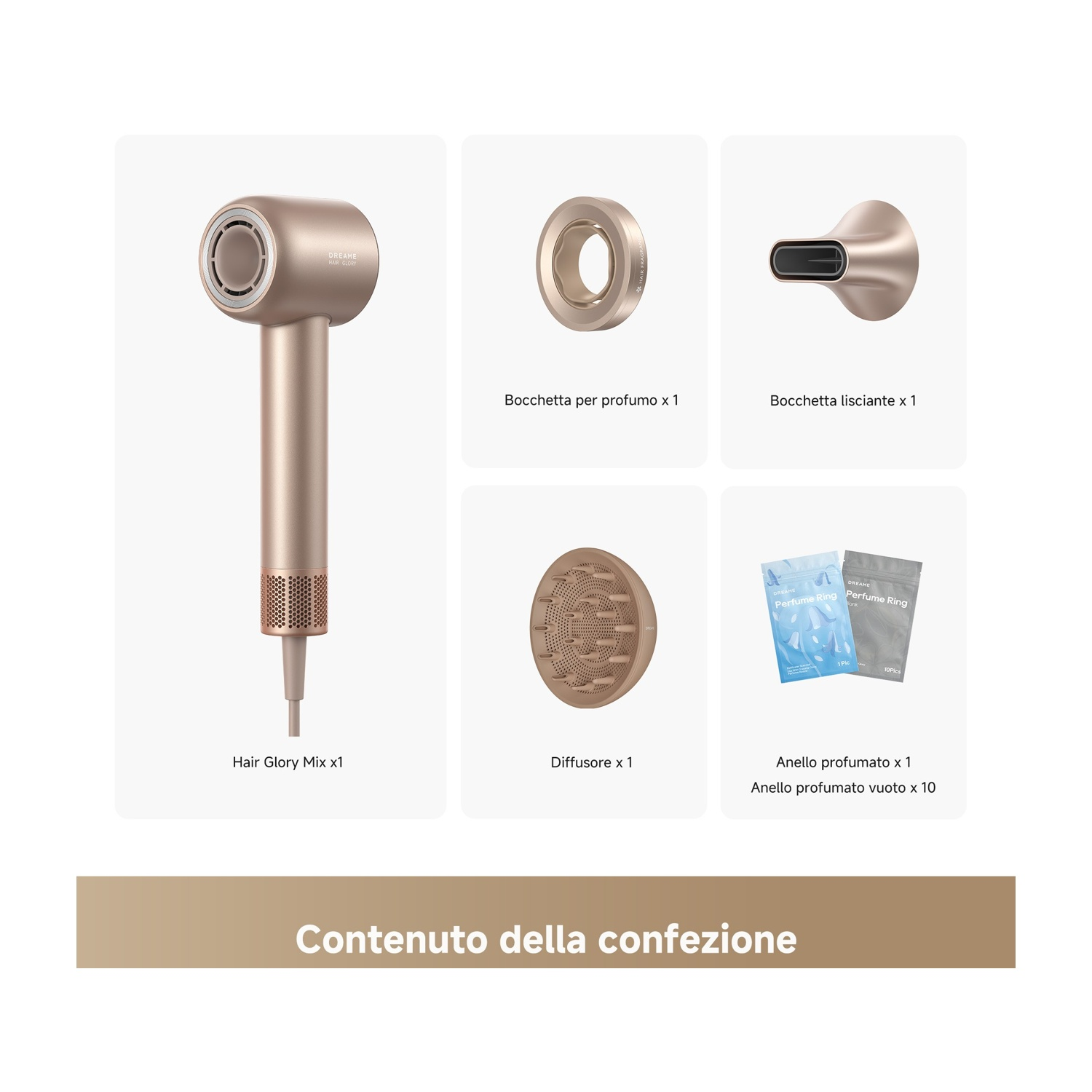 L'immagine mostra un asciugacapelli e accessori: diffusore, ugello, anello profumato e anelli profumati vuoti. Tutti gli articoli sono beige.