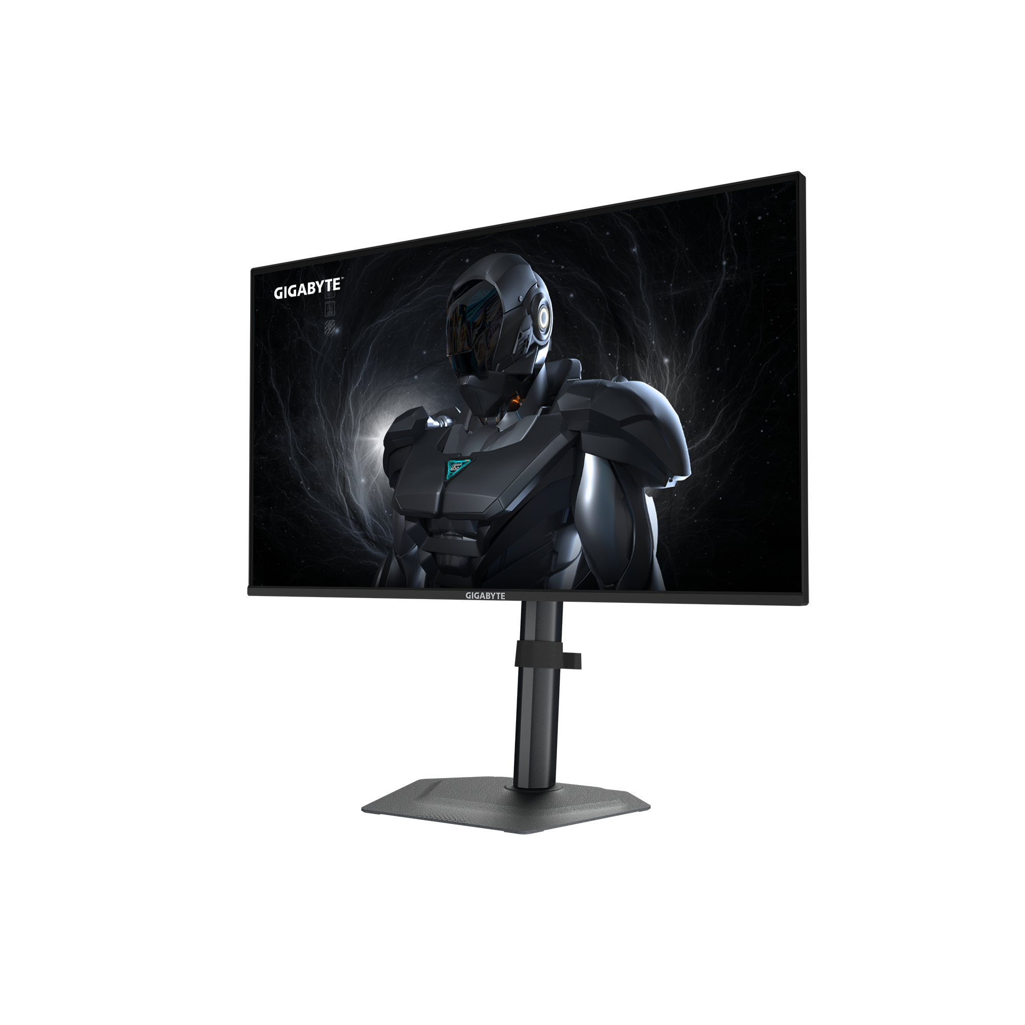 Ein Gigabyte-Monitor zeigt eine futuristische Figur in Rüstung vor kosmischem Hintergrund. Er steht auf einem schwarzen Ständer.