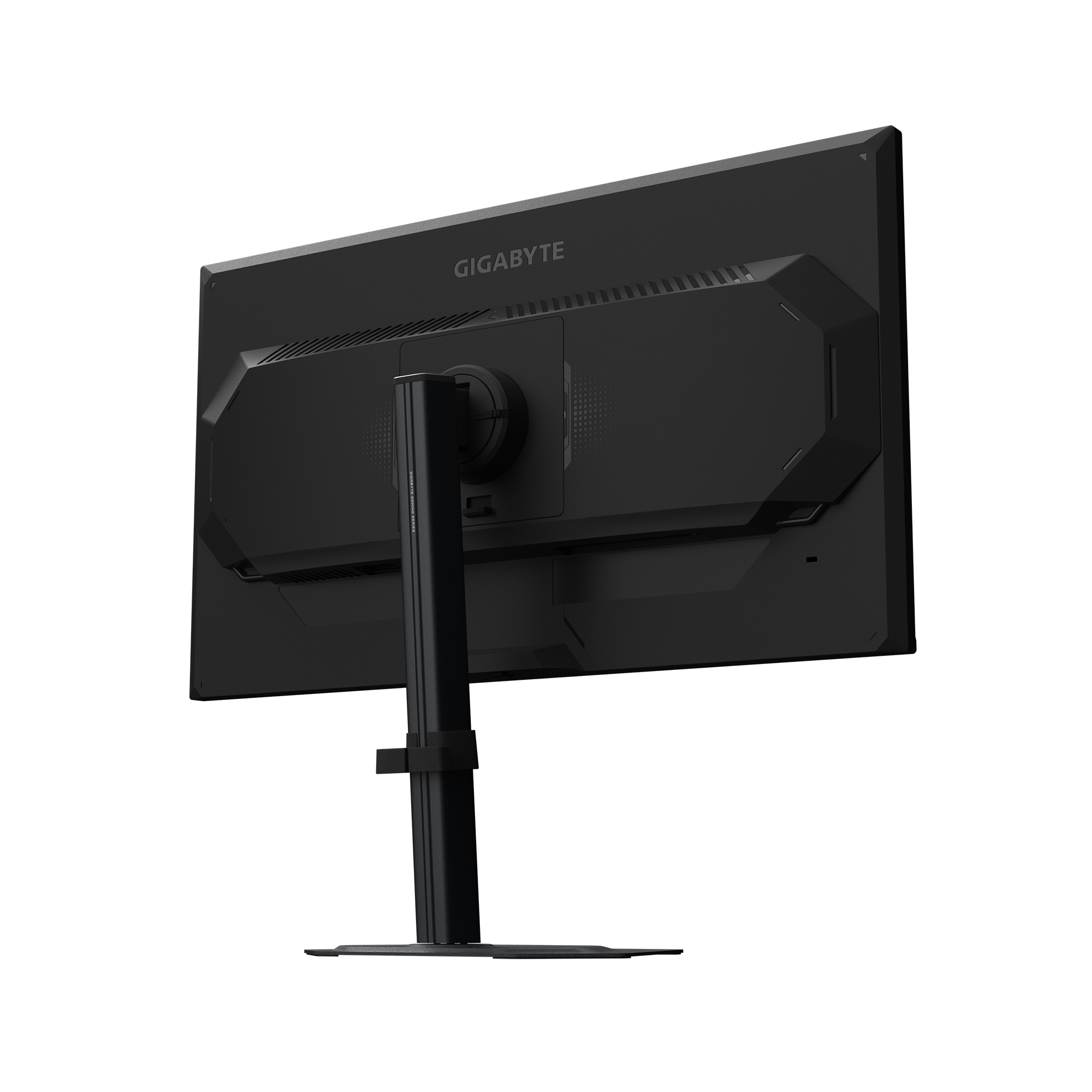 Rückseite eines schwarzen Gigabyte-Monitors. Er hat einen Ständer und eine strukturierte Oberfläche.