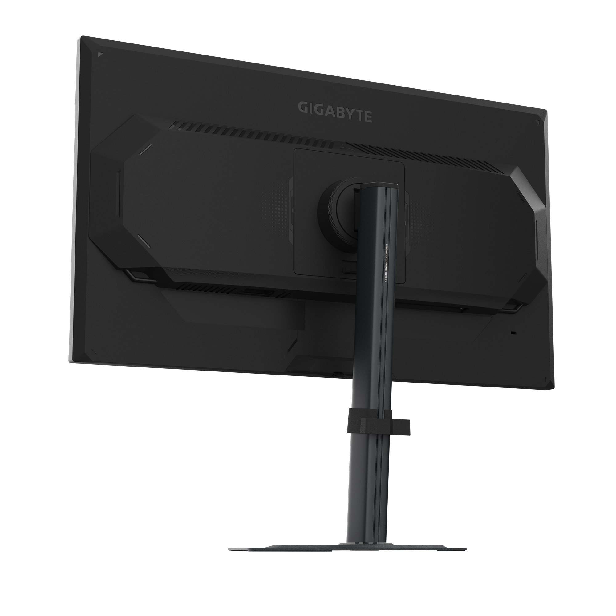 Die Rückseite eines schwarzen Gigabyte-Gaming-Monitors wird gezeigt. Der Ständer ist ebenfalls schwarz und trägt die Aufschrift 'GIGABYTE GAMING SERIES'.