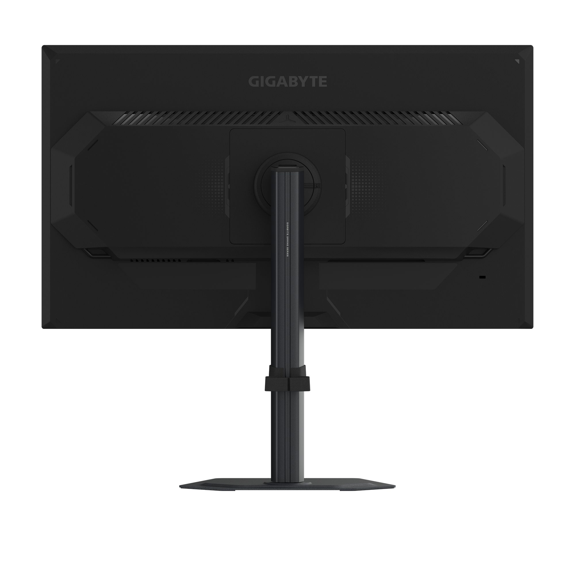 Schwarze Computer-Monitor-Rückseite mit 'GIGABYTE'-Logo, Ständer und Lüftungsschlitzen.