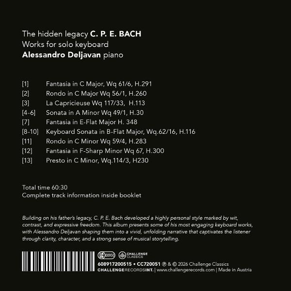 Albumcover mit Text über C.P.E. Bachs Werke für Solo-Keyboard, gespielt von Alessandro Deljavan.