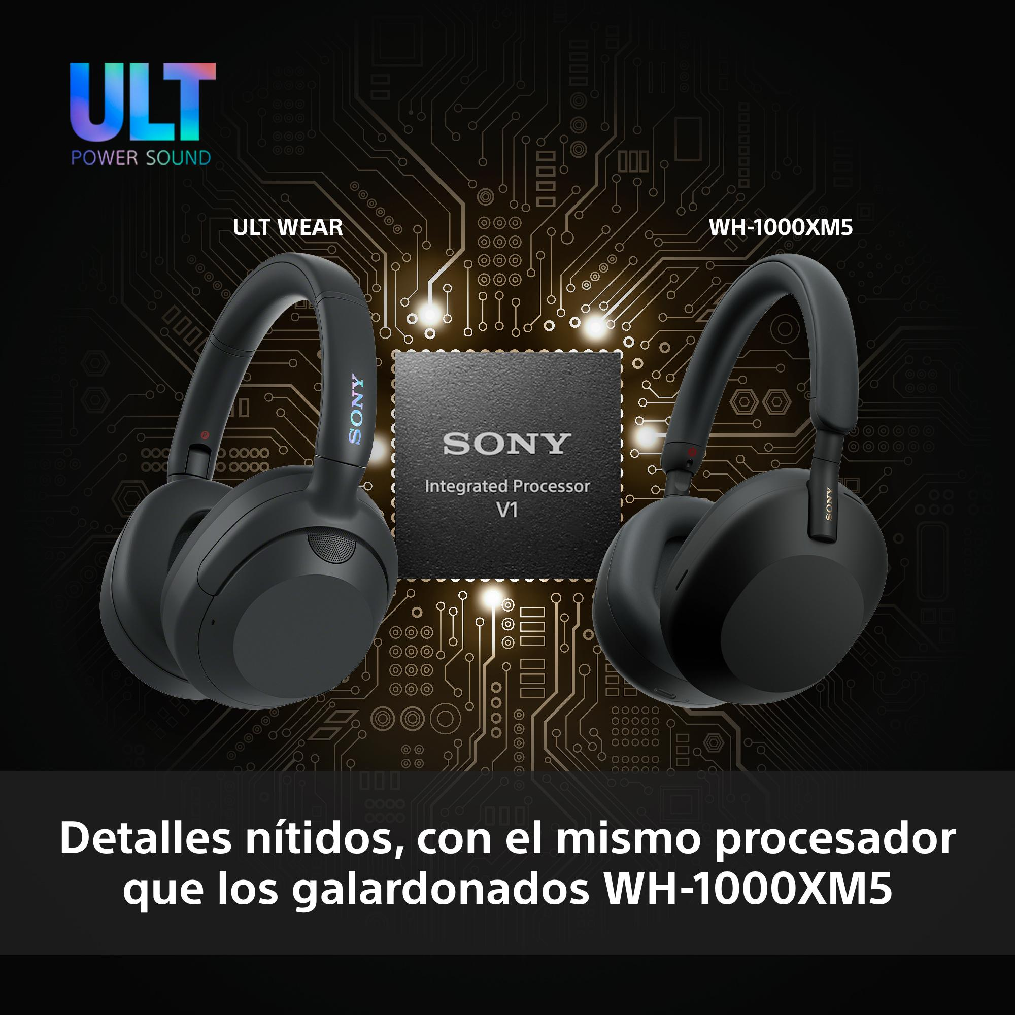 La imagen muestra dos auriculares negros, 'ULT WEAR' y 'WH-1000XM5', con un procesador 'SONY' en el medio.
