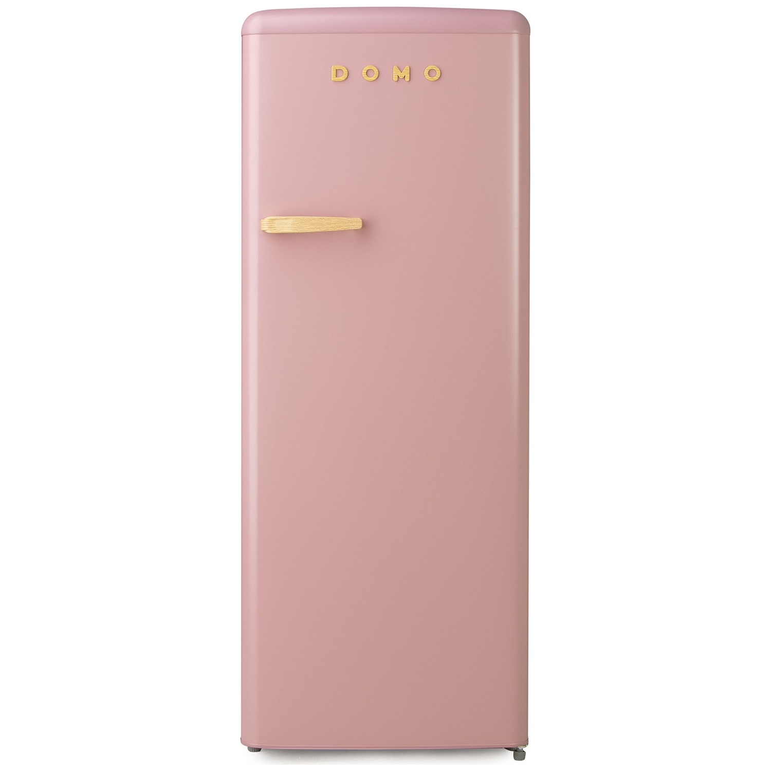 Un réfrigérateur rose avec une poignée en bois. Le mot 'DOMO' est écrit en or en haut. Il a un design arrondi.