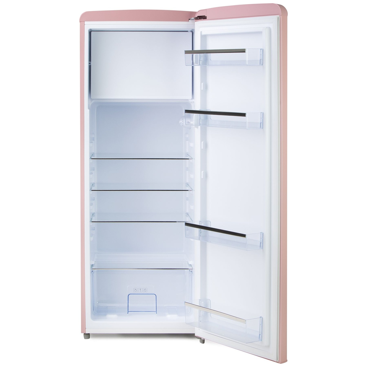 Un réfrigérateur rose rétro, porte ouverte. À l'intérieur, plusieurs étagères et compartiments sont visibles. Le fond est blanc.