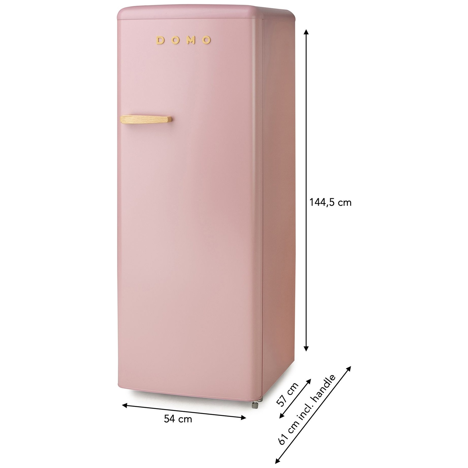 Un réfrigérateur rose avec des dimensions étiquetées. Il a une poignée en bois et le mot DOMO en haut. Les mesures sont fournies.
