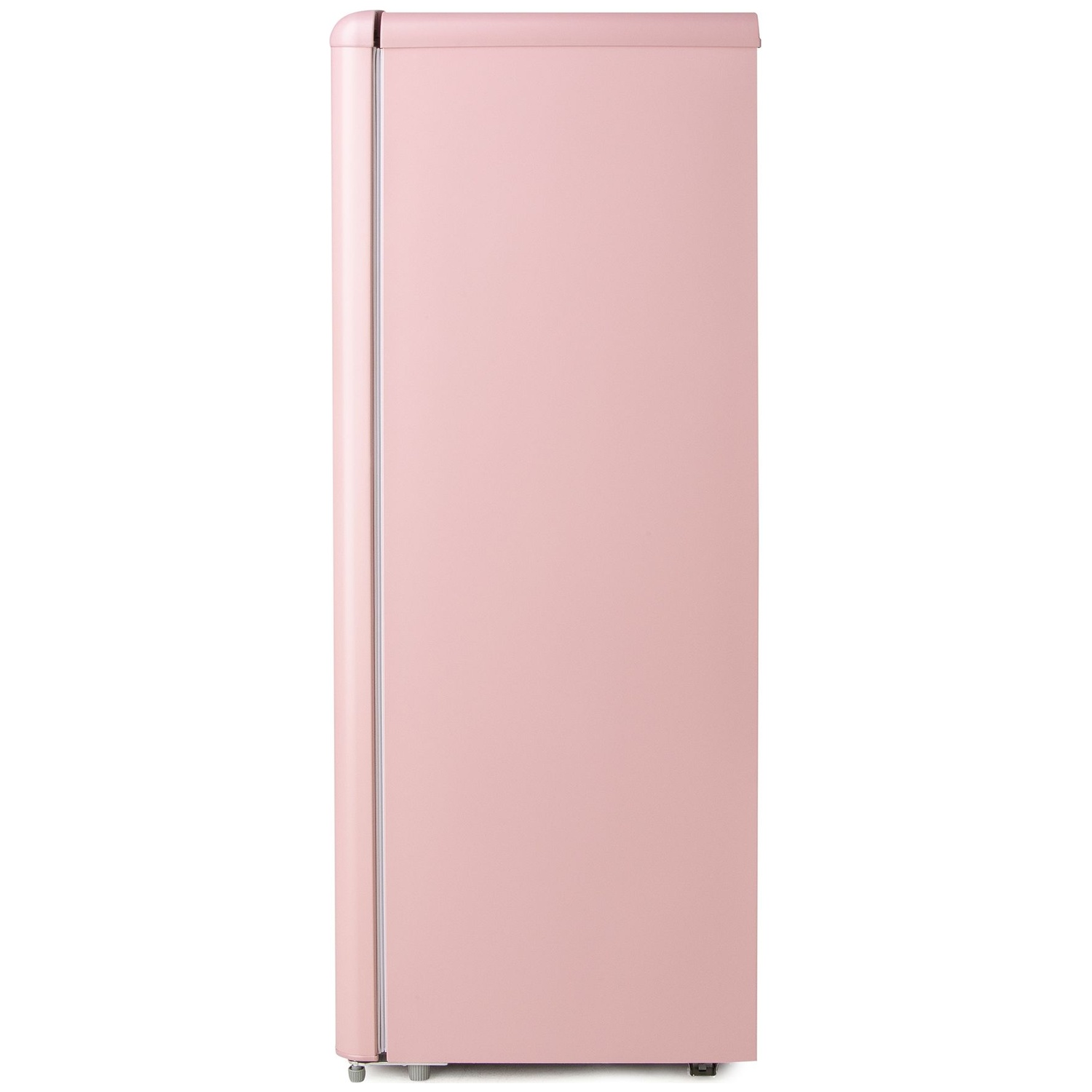Un réfrigérateur rose sur fond blanc. De style rétro, avec un dessus arrondi et une seule porte.