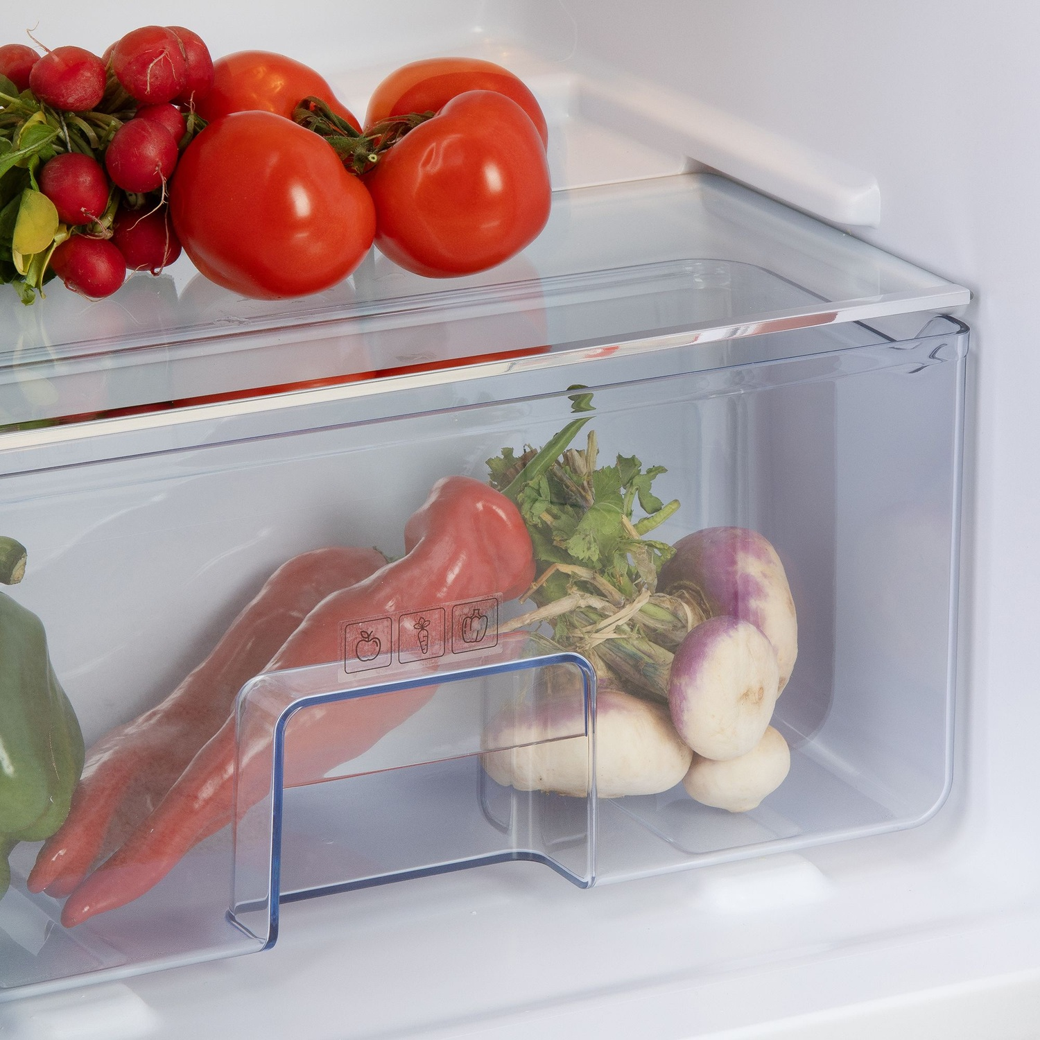 À l'intérieur d'un réfrigérateur, des tomates, des radis et des légumes sont dans un récipient transparent. Des poivrons rouges et des navets sont également visibles.