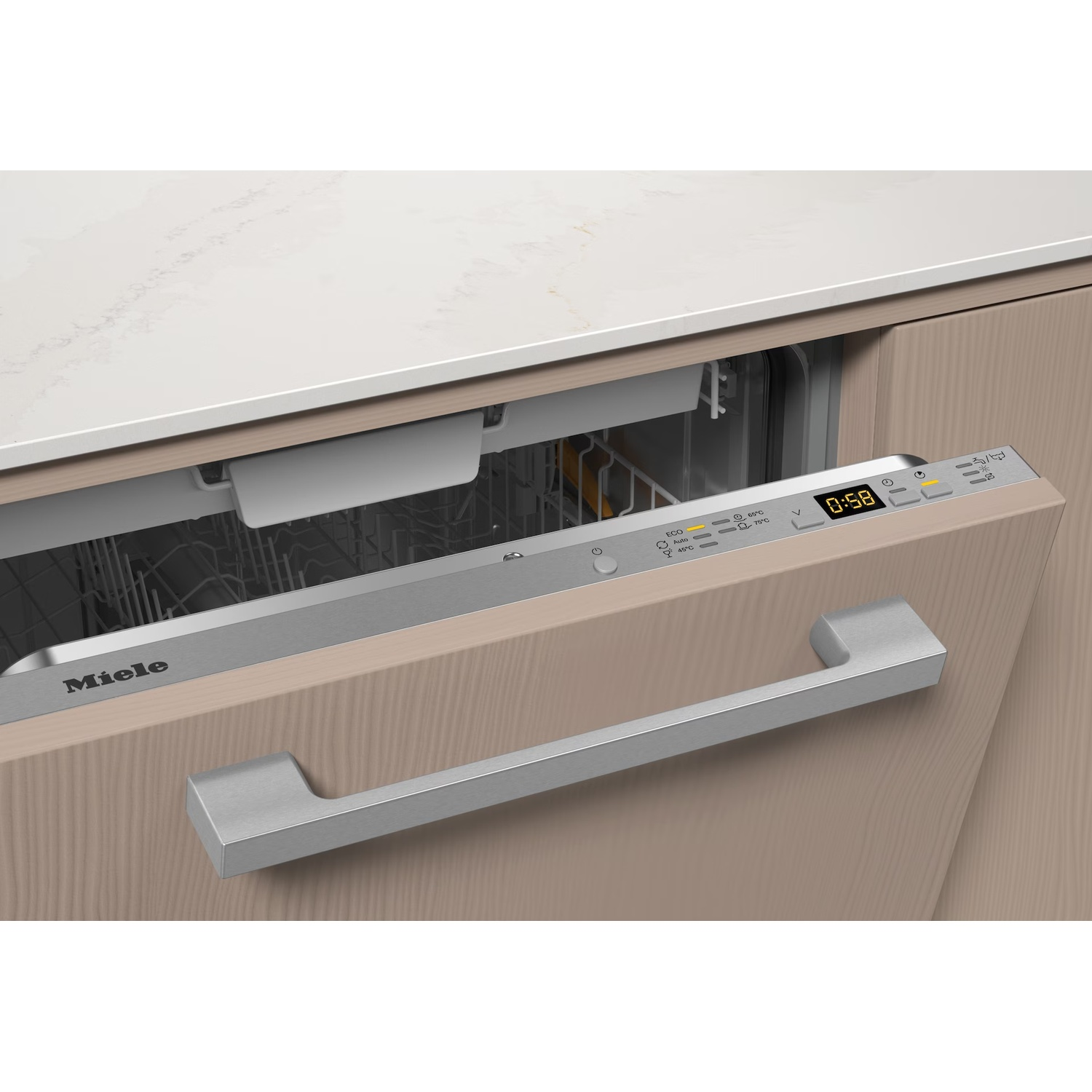 Open dishwasher with handle and digital display showing 0:58. Beige wood paneling and white countertop are visible.