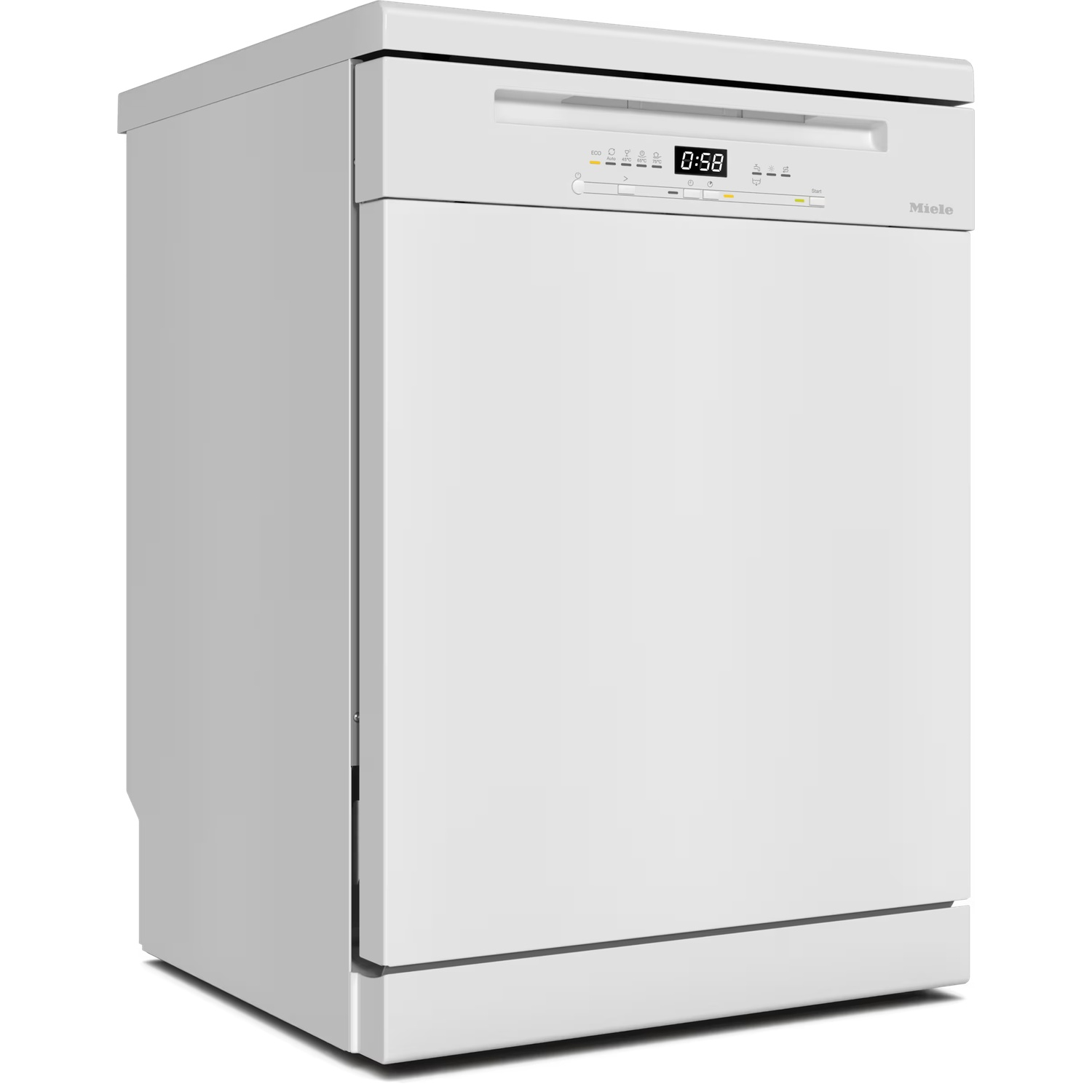 A white Miele dishwasher. The digital display shows 0:58. Buttons and icons are visible on the front panel. The appliance is angled.
