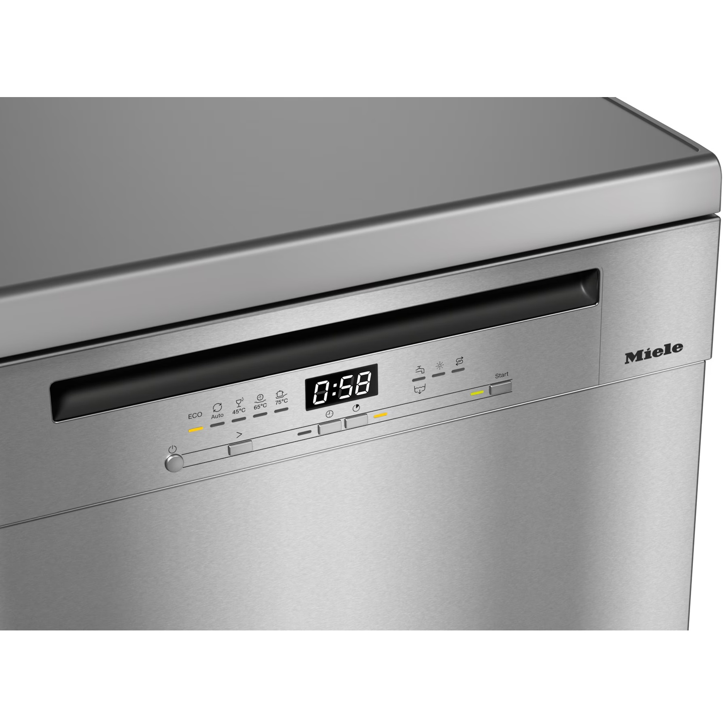A stainless steel Miele dishwasher with a digital display showing 0:58. Buttons for Eco, Auto, and temperature settings are visible.