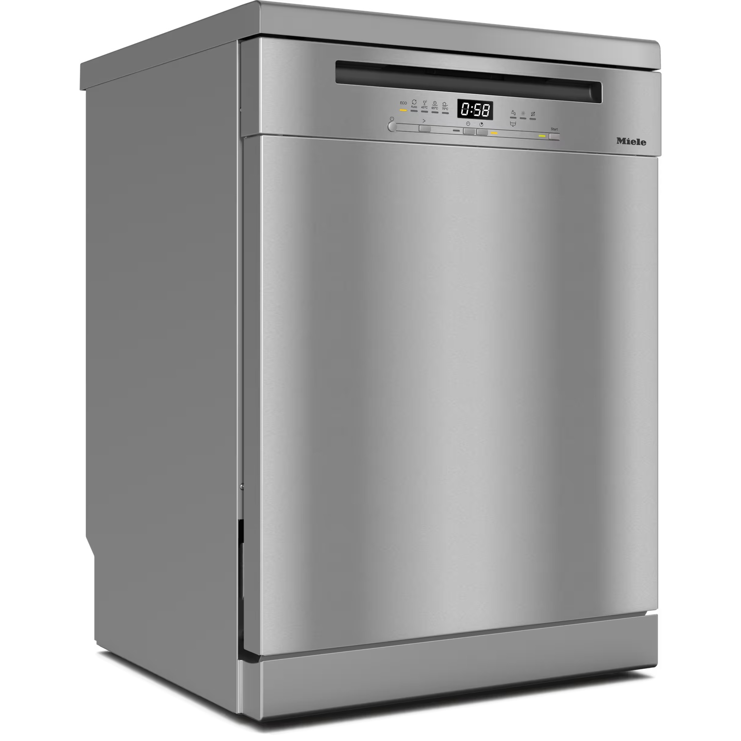 A stainless steel Miele dishwasher. The display shows 0:58. Buttons for different washing programs are visible.