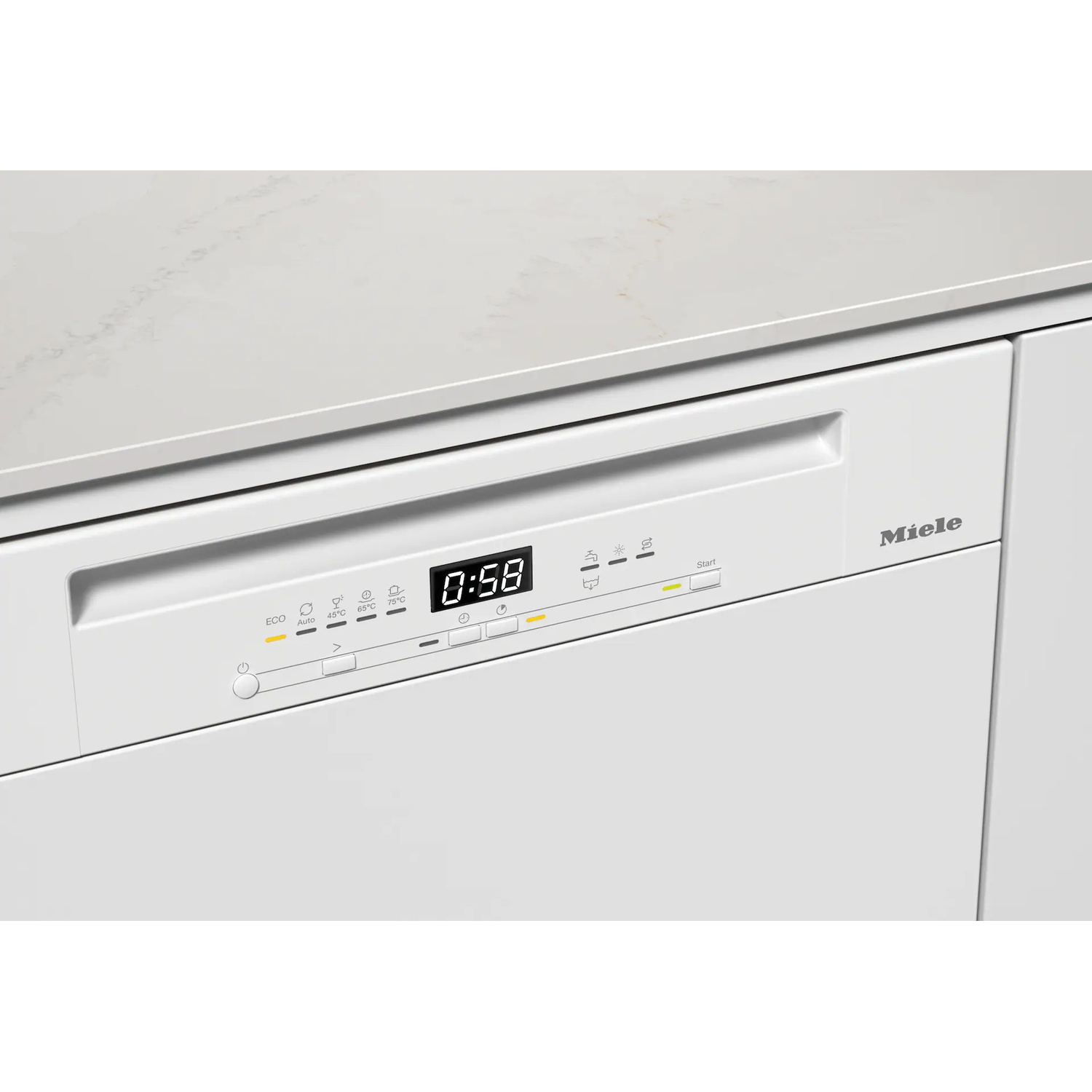 A white Miele dishwasher with a digital display showing 0:58. Buttons for ECO, Auto, and temperature settings are visible.