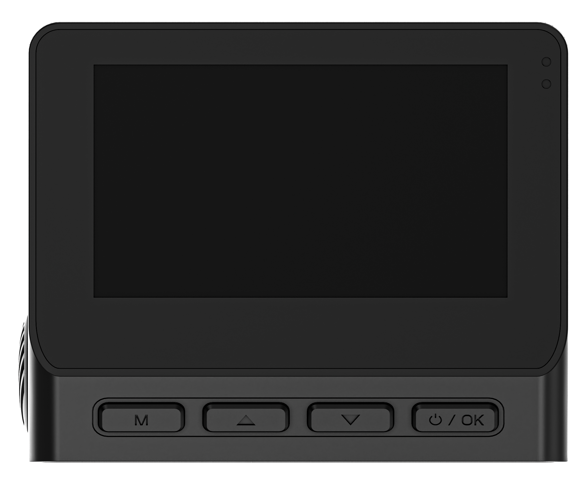 Czarna kamera samochodowa. Ekran zajmuje większość przodu, z przyciskami poniżej. Dwa małe kółka znajdują się po prawej stronie.