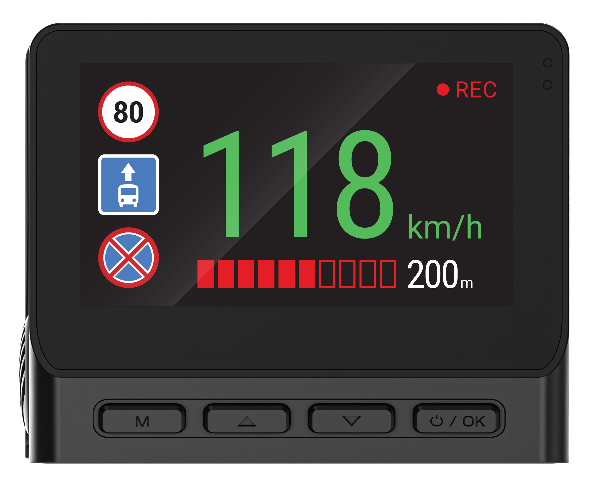 Ekran deski rozdzielczej pokazujący 118 km/h, znaki drogowe i czerwony wskaźnik REC. Istnieją również przyciski dla różnych funkcji.