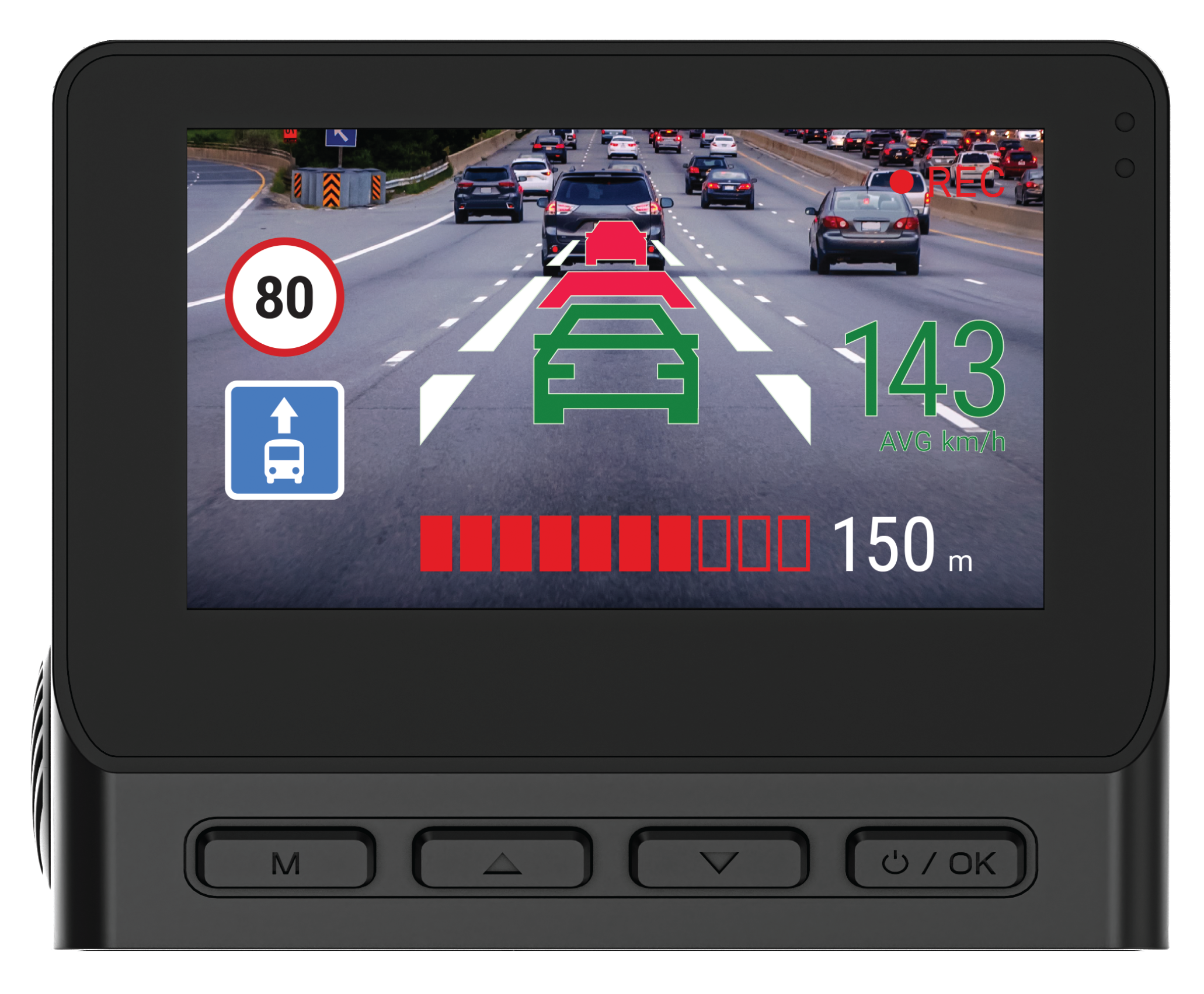 Ekran deski rozdzielczej pokazujący autostradę z samochodami. Wyświetla prędkość, odległość i ikony samochodów w kolorze zielonym i czerwonym.