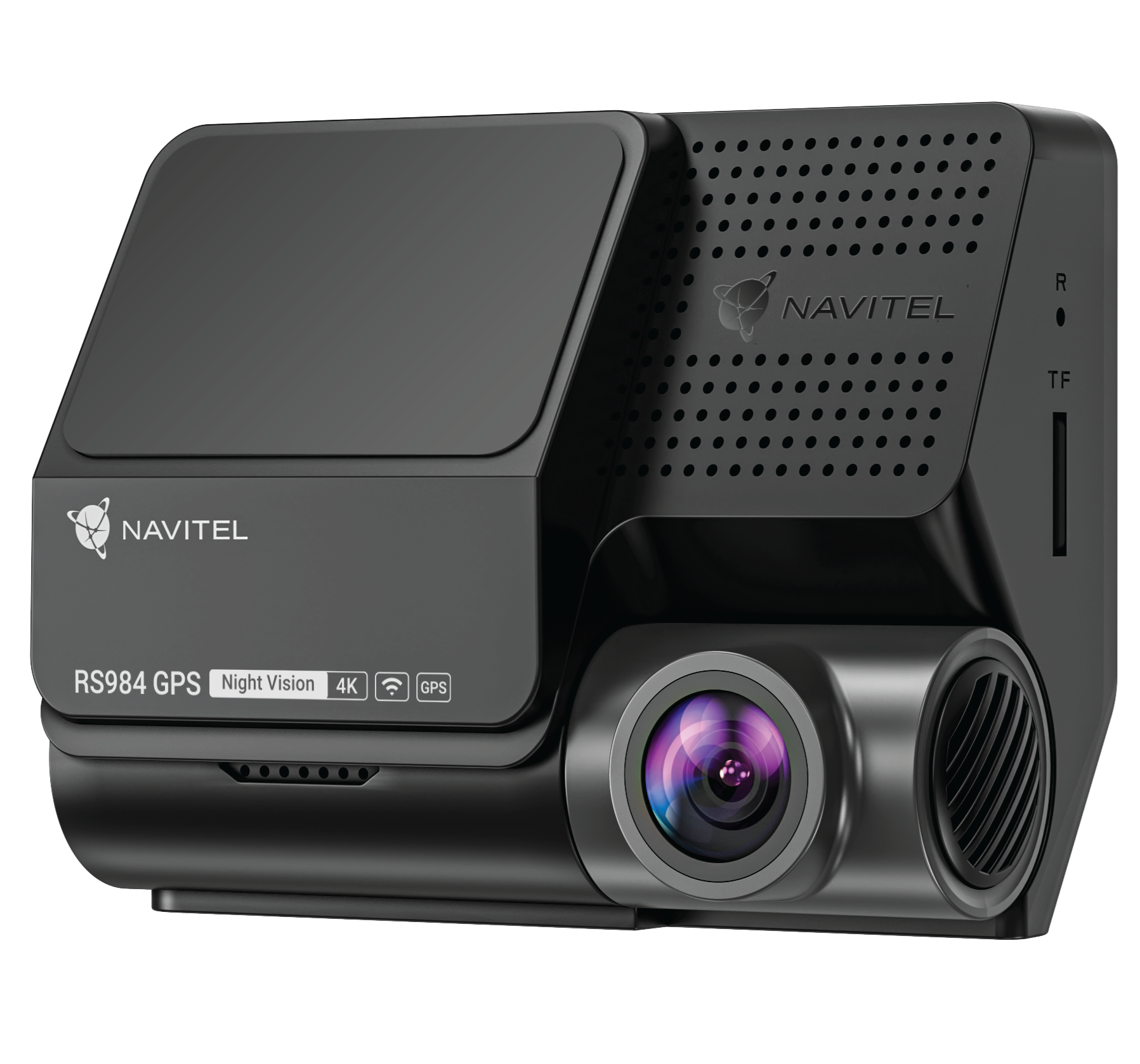 Czarna kamera samochodowa Navitel RS984 GPS. Cechy: noktowizja, 4K, Wi-Fi i GPS. Zawiera obiektyw i wentylację.