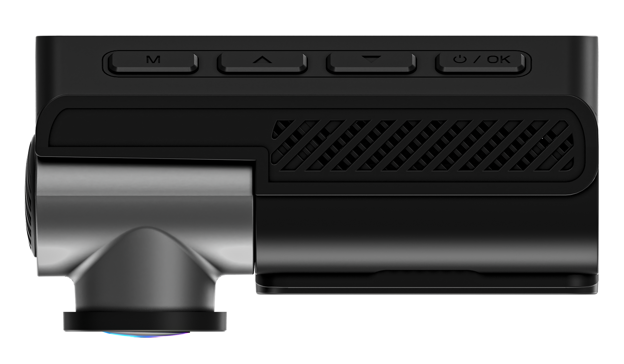 Czarna kamera samochodowa z przyciskami i obiektywem. Przyciski są oznaczone M, w górę, w dół i zasilanie/OK. Obiektyw jest metalowy.